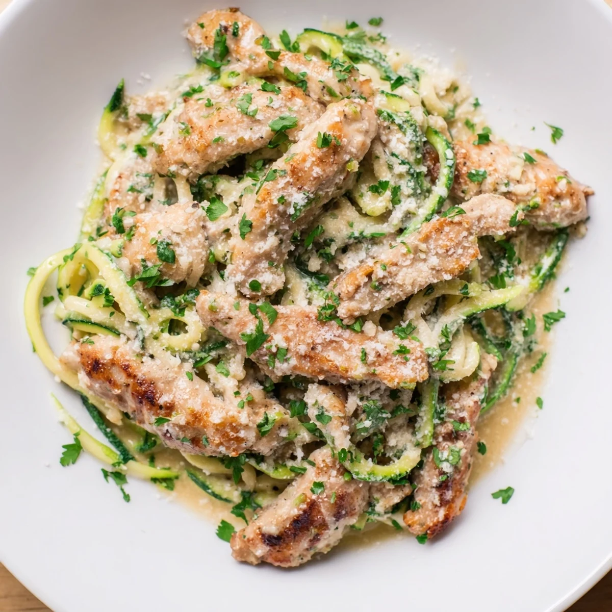 Gluten-free Chicken Alfredo with Zucchini Noodles plated with a sprinkle of cheese, perfect for weeknight dinner.