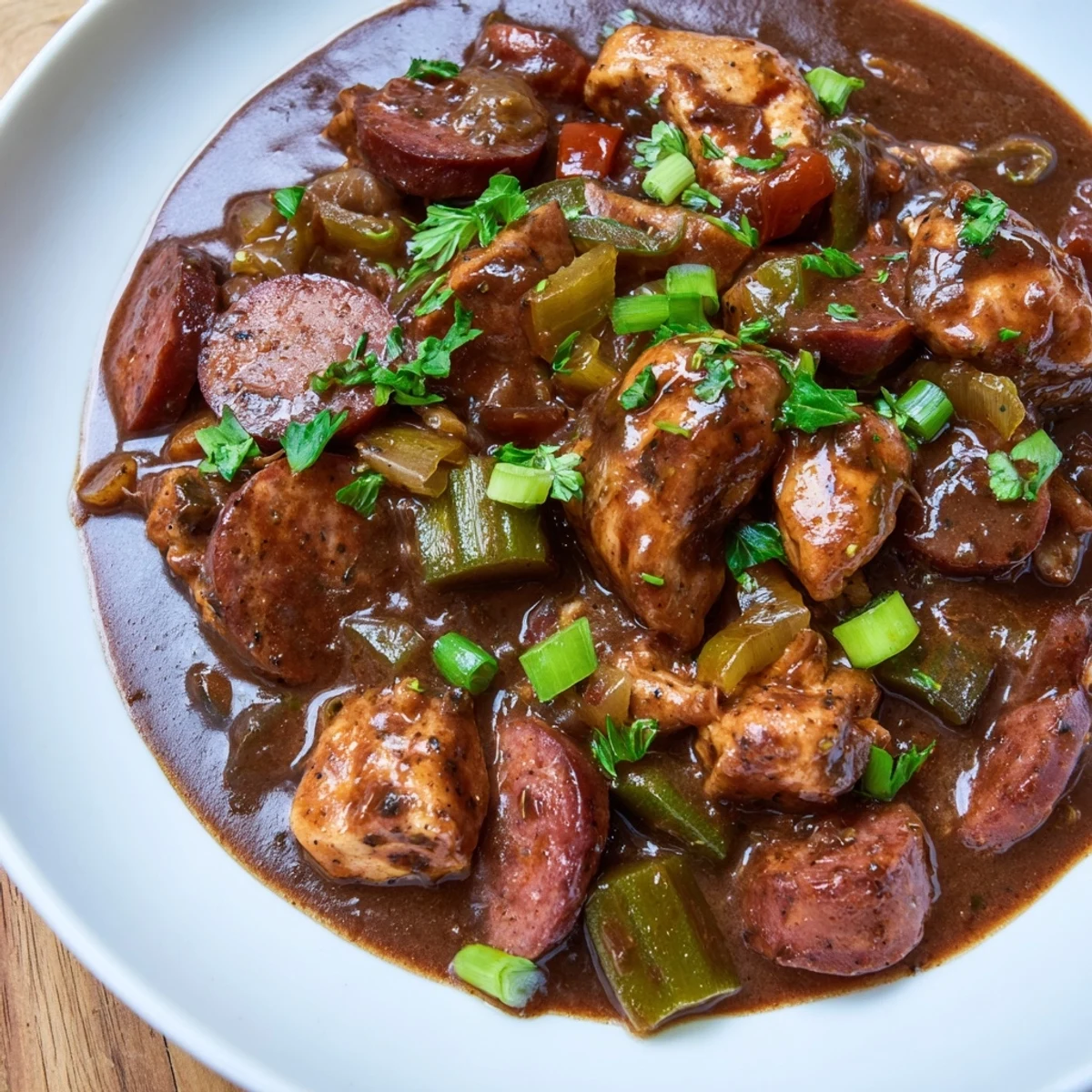 A steaming bowl of New Orleans Style Chicken Gumbo ladled over fluffy white rice, garnished with fresh parsley and sliced spring onions.