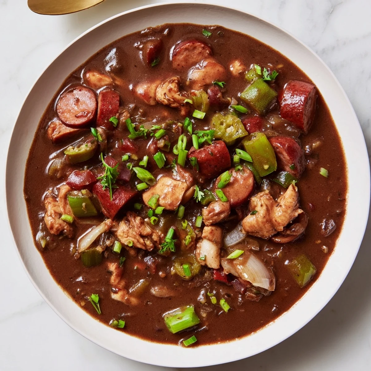 A close-up of New Orleans Style Chicken Gumbo, showcasing tender chicken chunks and smoky sausage in a thick, aromatic Louisiana stew.