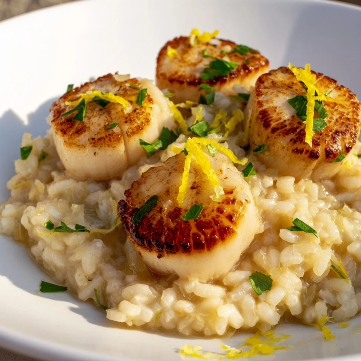 In a white bowl, the Romantic Seared Scallops with Lemon Risotto features golden crusts and a velvety texture, perfect for a date night.