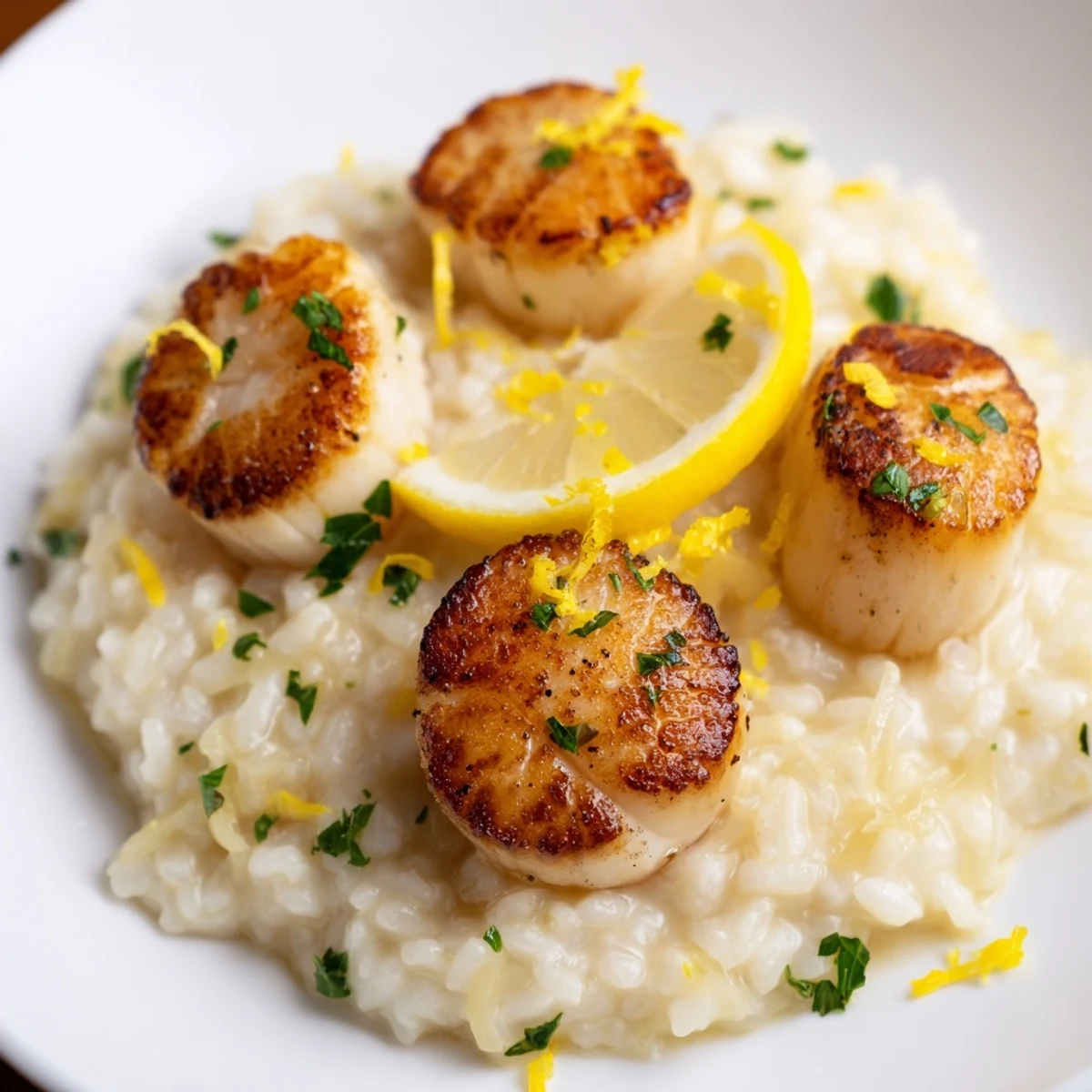 Golden-seared scallops rest atop a bed of creamy lemon risotto, garnished with fresh parsley and lemon zest for a romantic dinner.