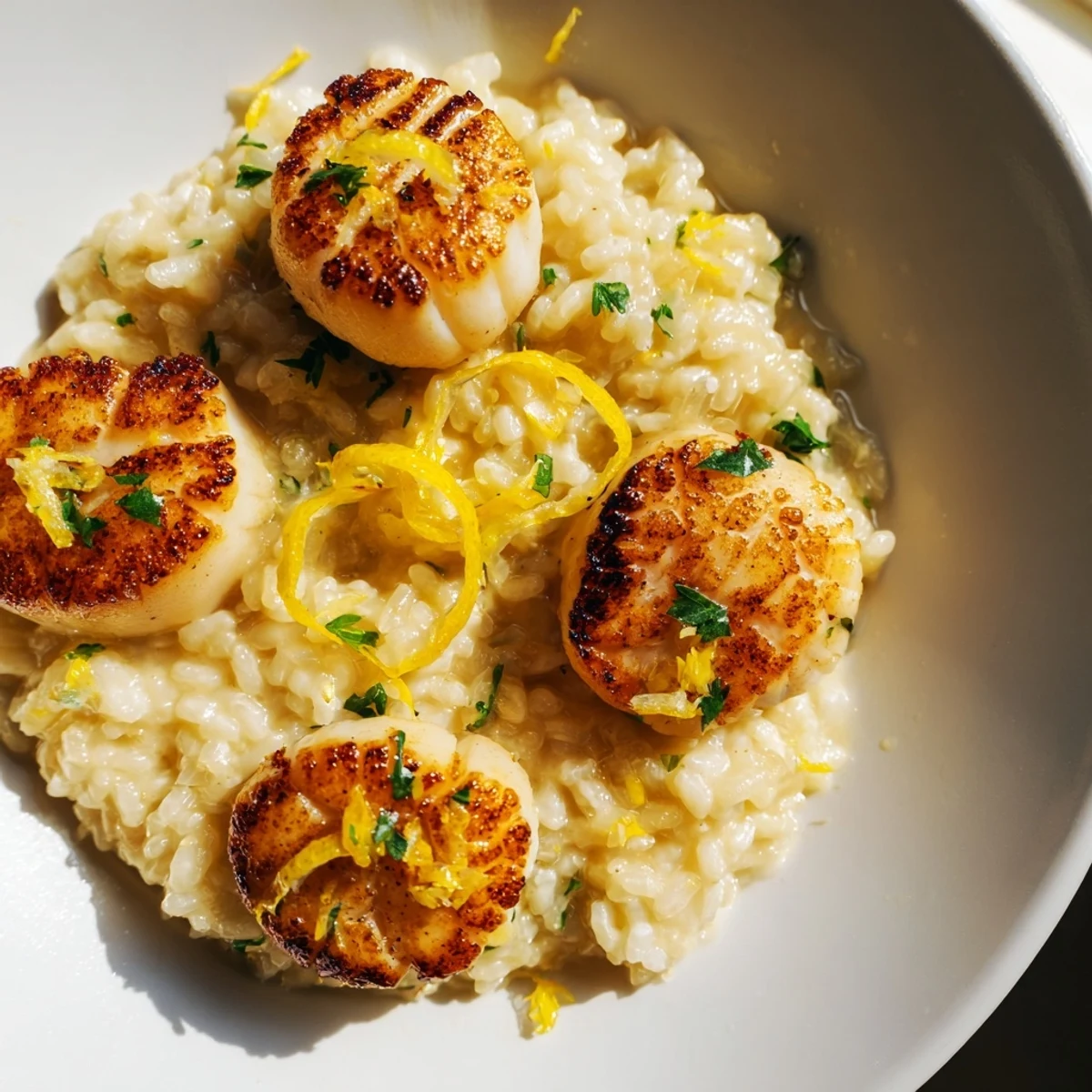 Close-up of Romantic Seared Scallops with Lemon Risotto, highlighting the seared crust and the bright, creamy lemon-infused rice on a plate.