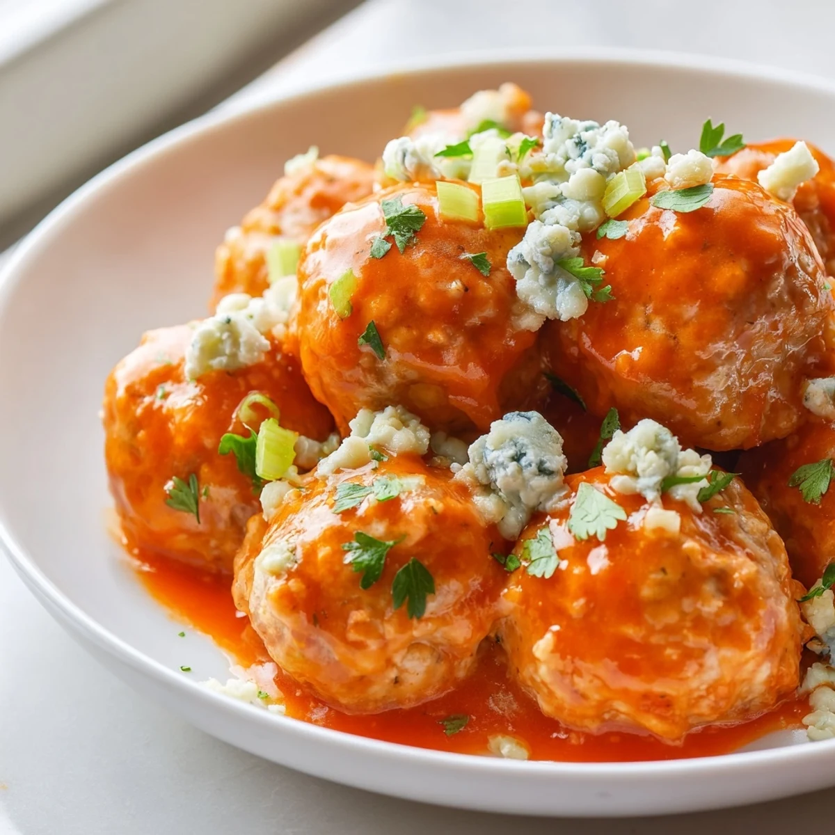 Golden-brown Game Day Spicy Buffalo Chicken Meatballs glisten with zesty orange sauce on a platter garnished with fresh parsley and celery sticks.  