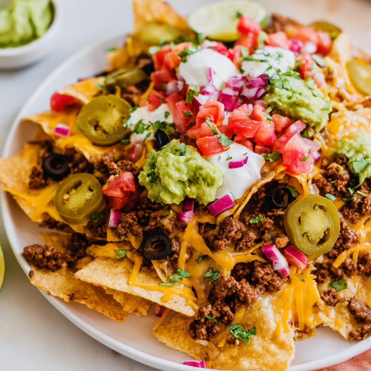 Golden, bubbly cheese melted over crispy tortilla chips loaded with seasoned beef, black beans, and pickled jalapeños on a platter.