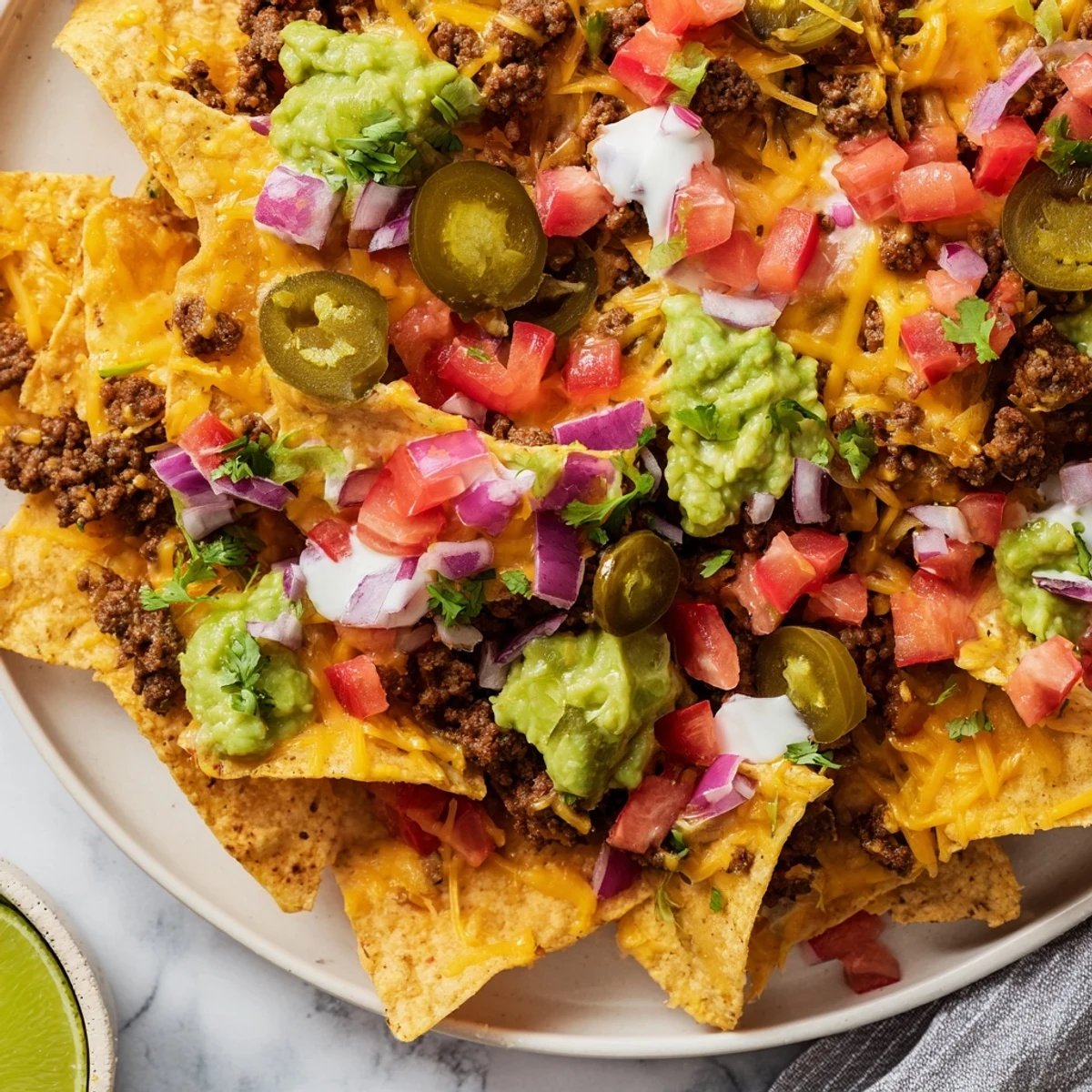 A close-up of a Super Bowl Loaded Nacho Bar with beef, melty cheddar, and fresh toppings like pico de gallo and lime.