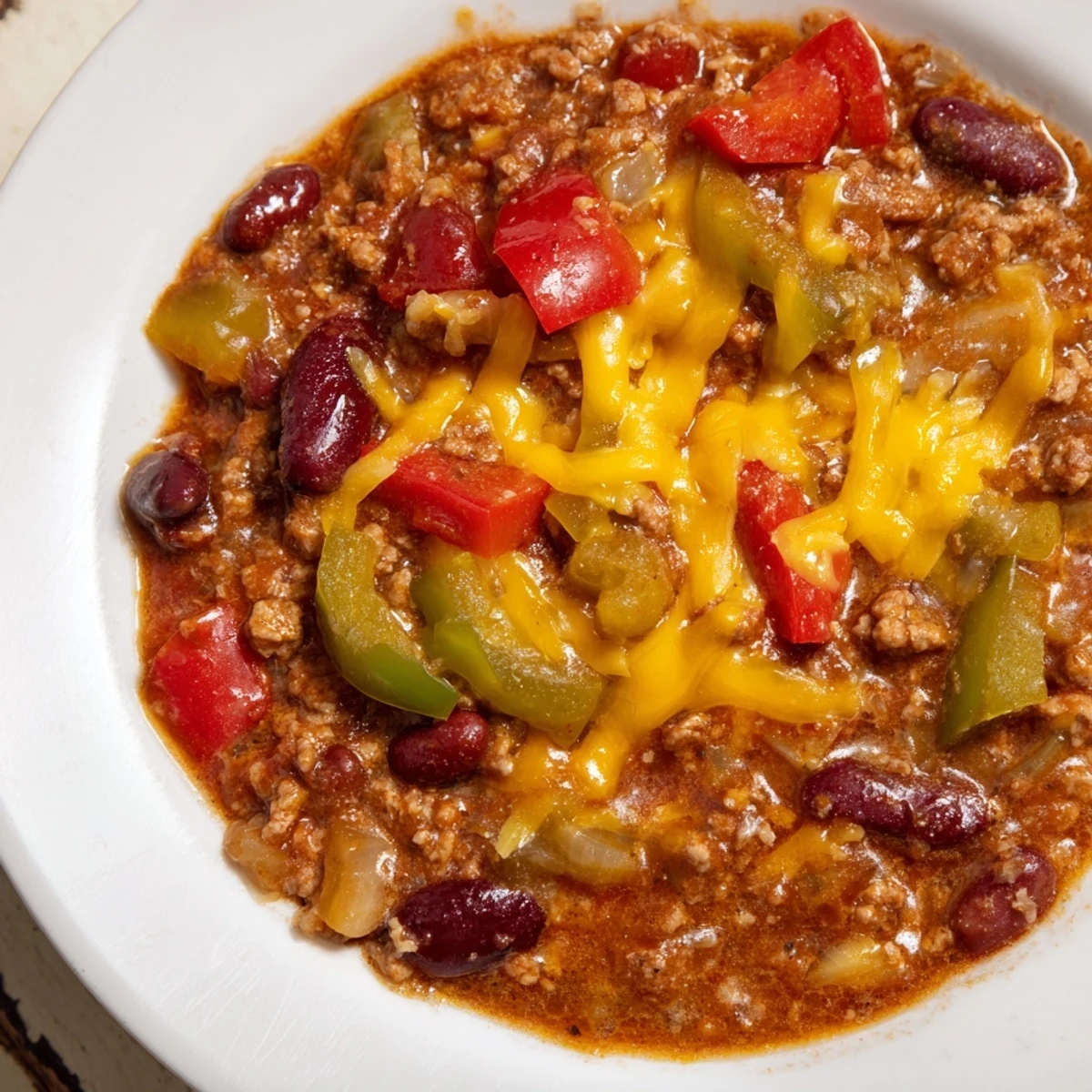 A bowl of Touchdown Turkey Chili topped with melted cheddar, sour cream, and fresh cilantro.