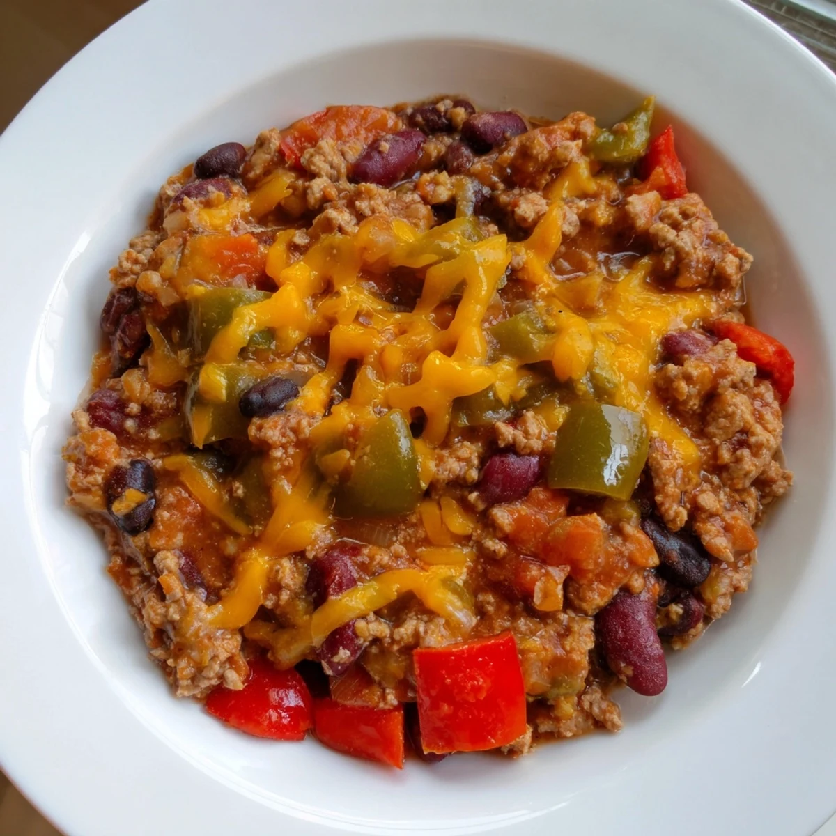 Bubbling Touchdown Turkey Chili served in a rustic bowl, garnished with jalapeño and shredded cheddar.