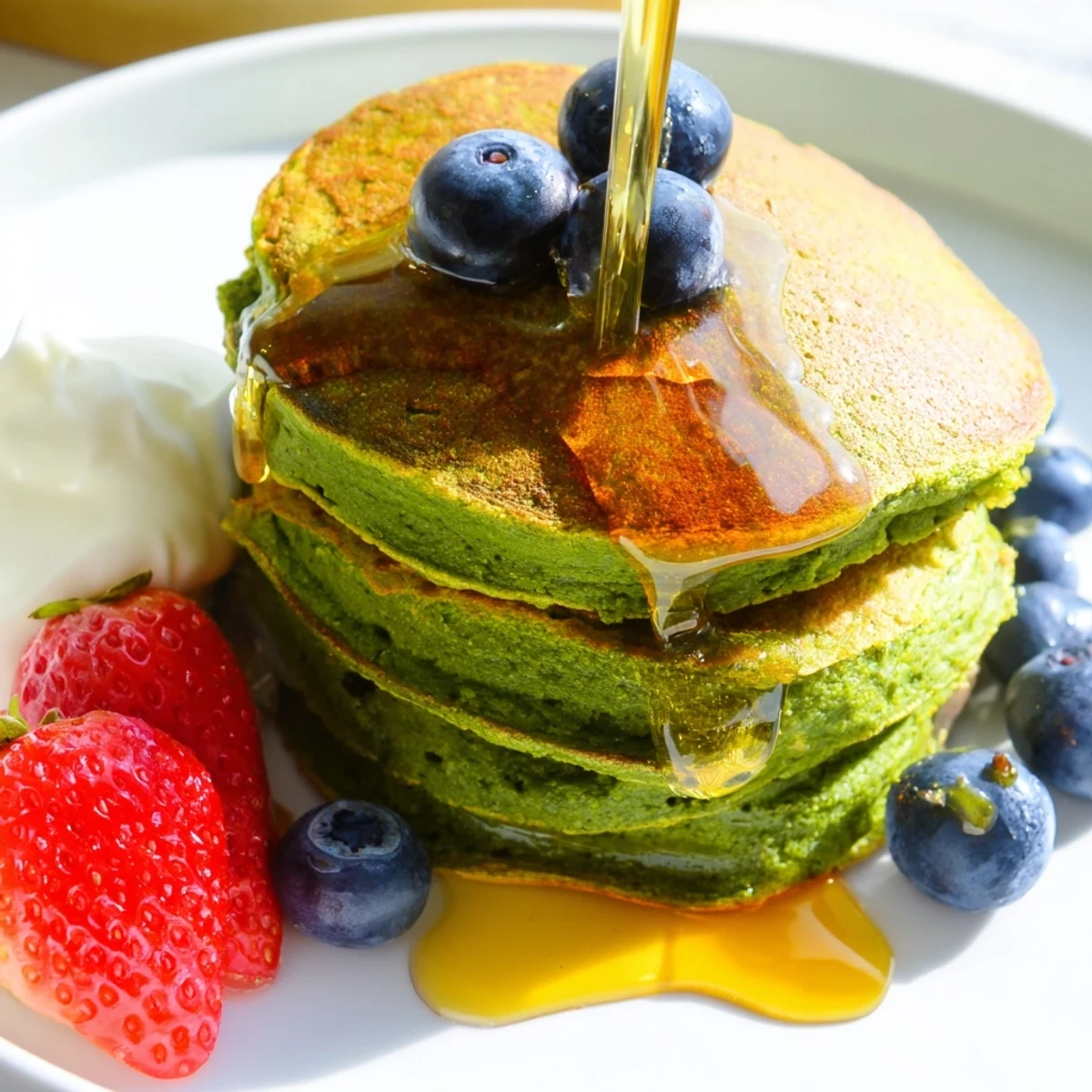Stack of fluffy St. Patricks Day Green Spinach Pancakes topped with fresh berries and maple syrup.
