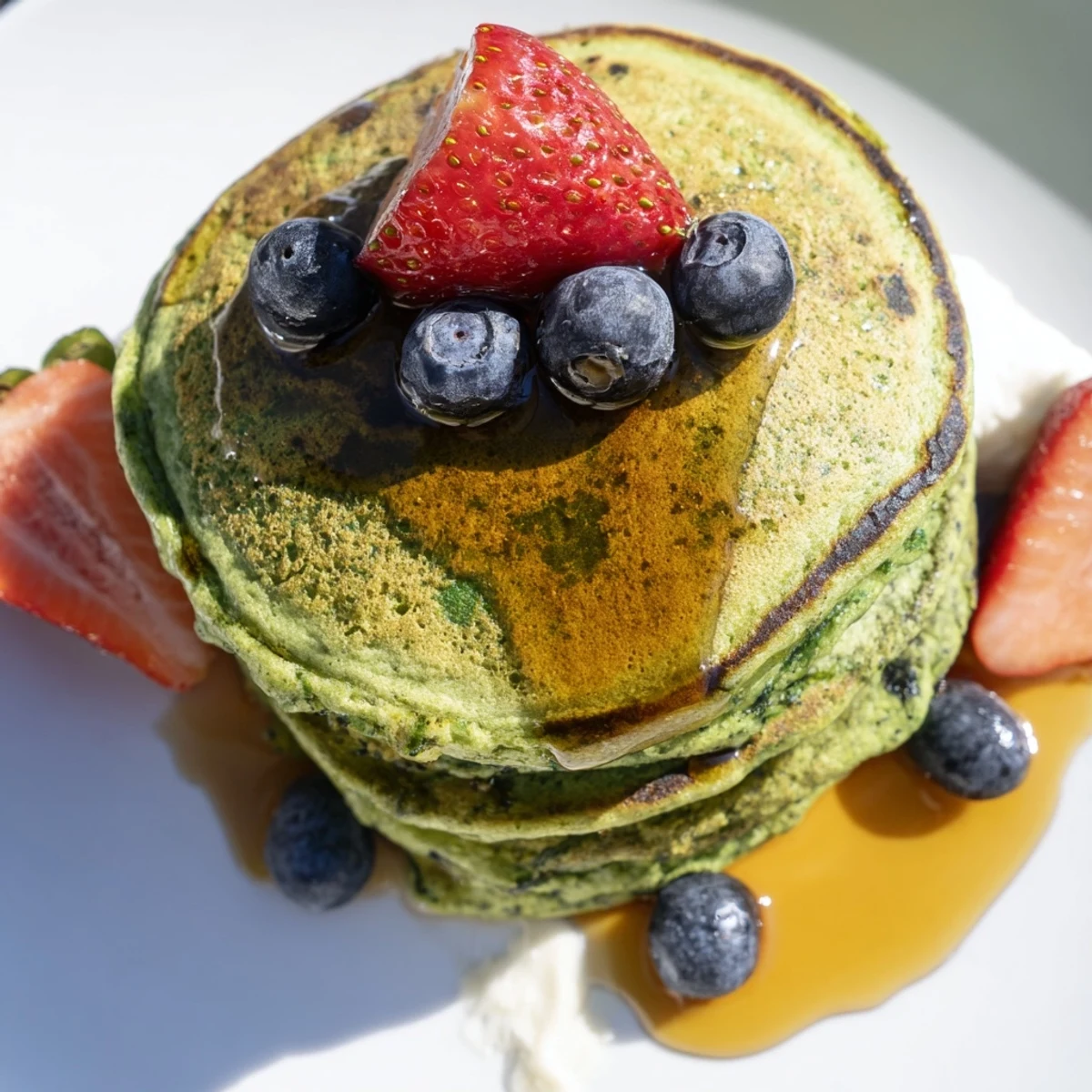 Vibrant green St. Patricks Day Spinach Pancakes sizzling in a skillet with melting butter.