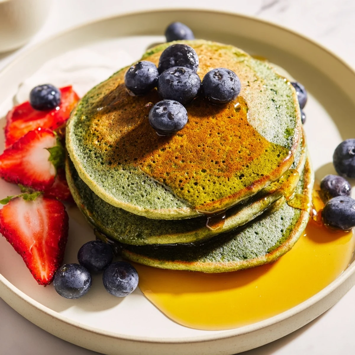 Savory St. Patricks Day Green Spinach Pancakes served with Greek yogurt on a festive brunch plate.