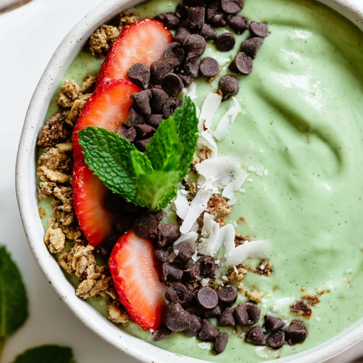 Creamy, vibrant green smoothie bowl topped with fresh strawberries and dark chocolate chips in the Emerald Isle Mint Chocolate Smoothie Bowl.