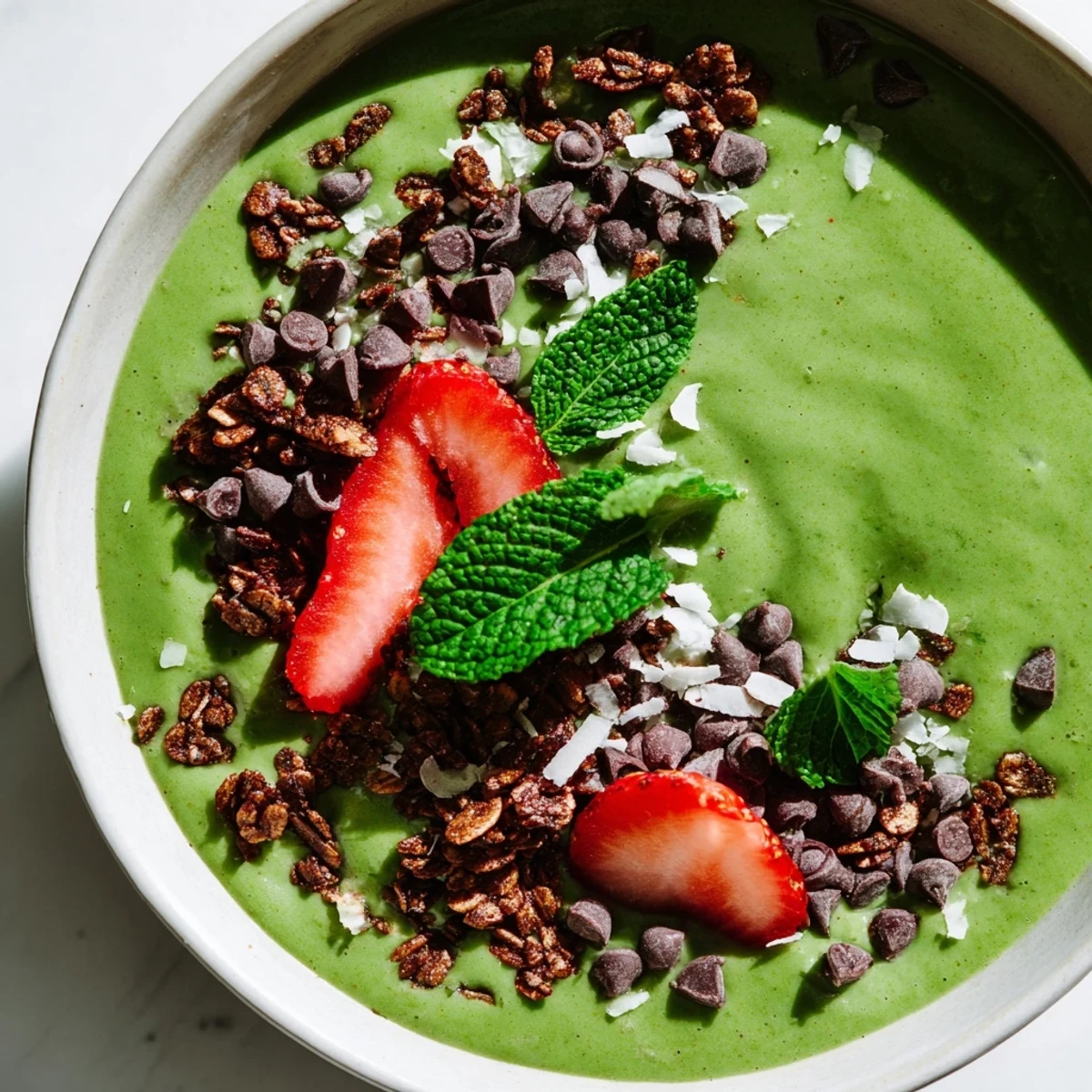 Thick, mint-infused smoothie base with granola and coconut, ready for breakfast in the Emerald Isle Mint Chocolate Smoothie Bowl.
