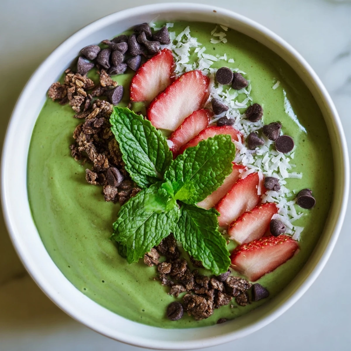 Cool mint and rich chocolate meet sliced strawberries in this textured, nourishing Emerald Isle Mint Chocolate Smoothie Bowl.