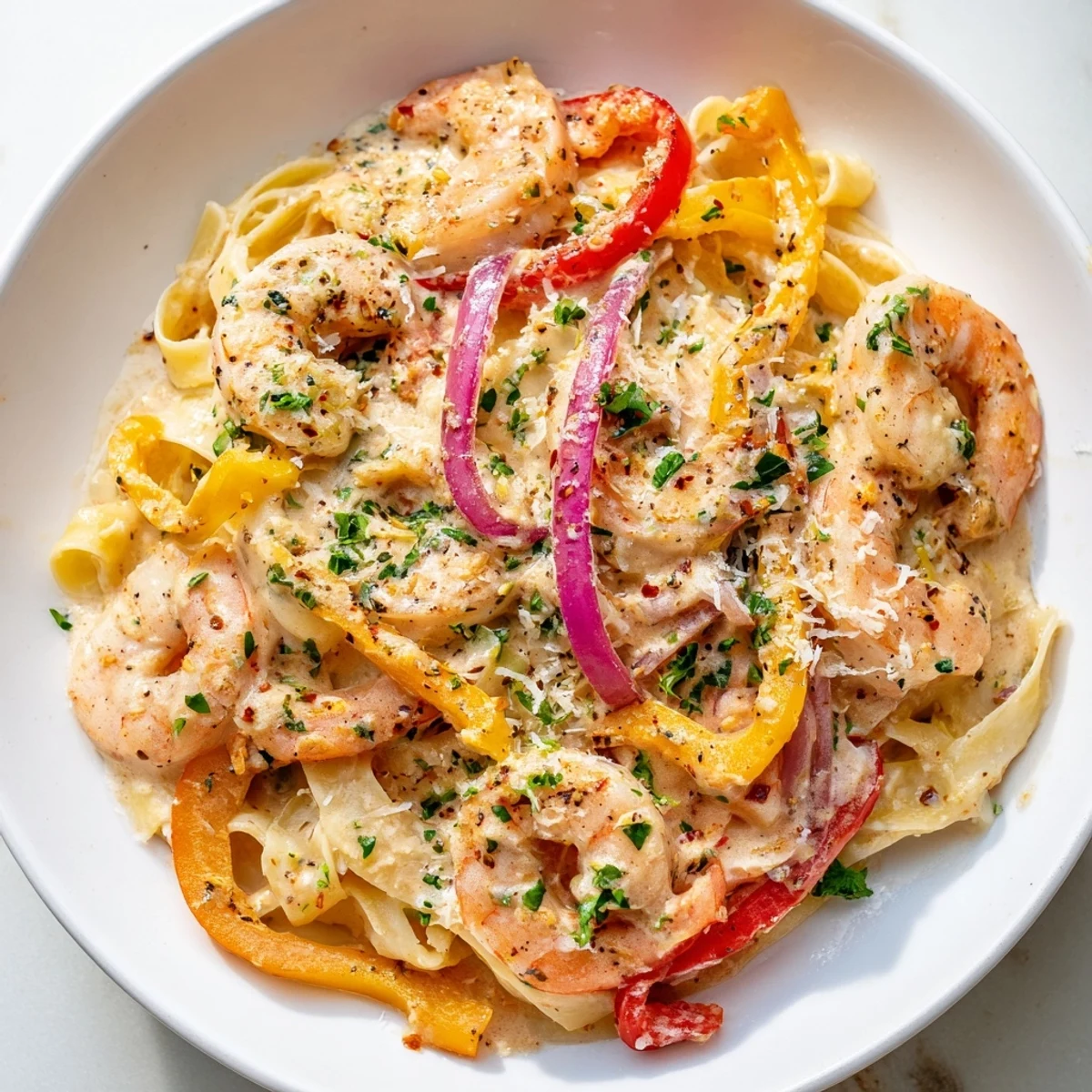 Brightly colored bell peppers and tender shrimp tossed with fettuccine in a creamy Cajun sauce.