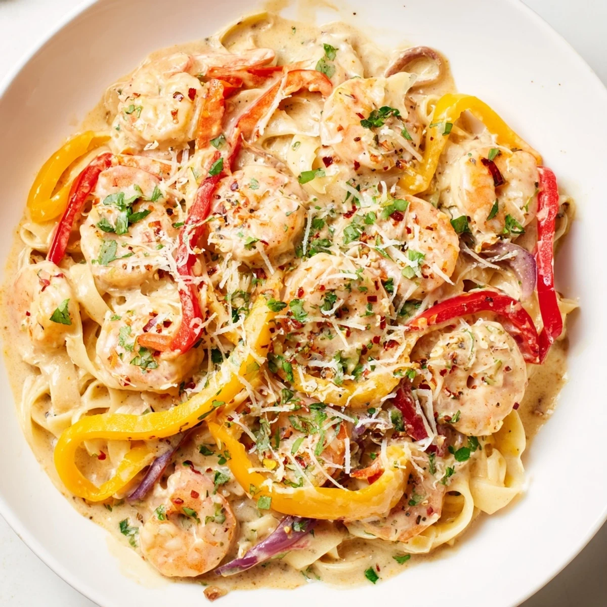 A festive plate of Mardi Gras Cajun Shrimp Pasta garnished with fresh parsley and lemon wedges.