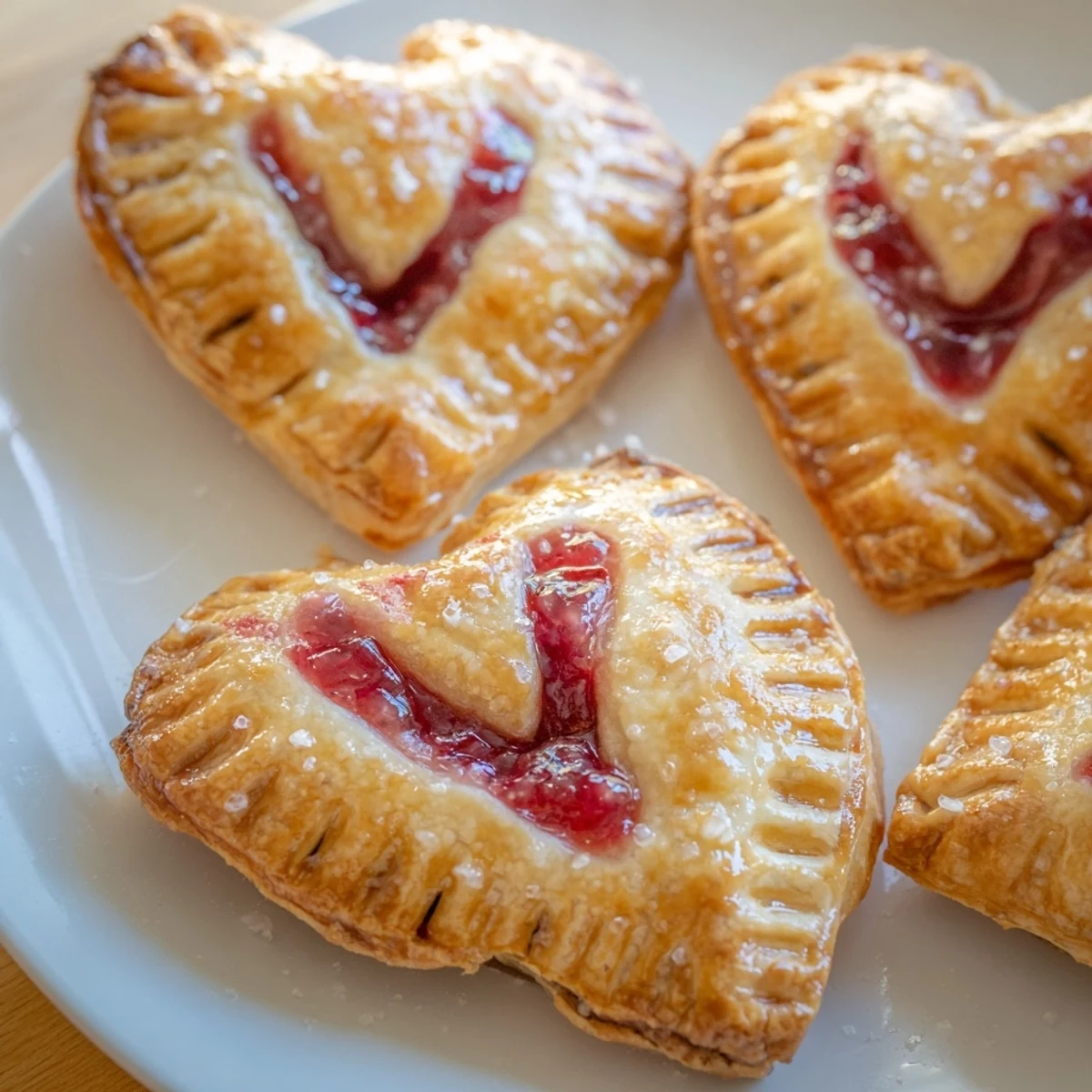 Flaky heart-shaped raspberry jam hand pies cooling on a wire rack, with sugary golden crusts perfect for a Valentine’s Day dessert.