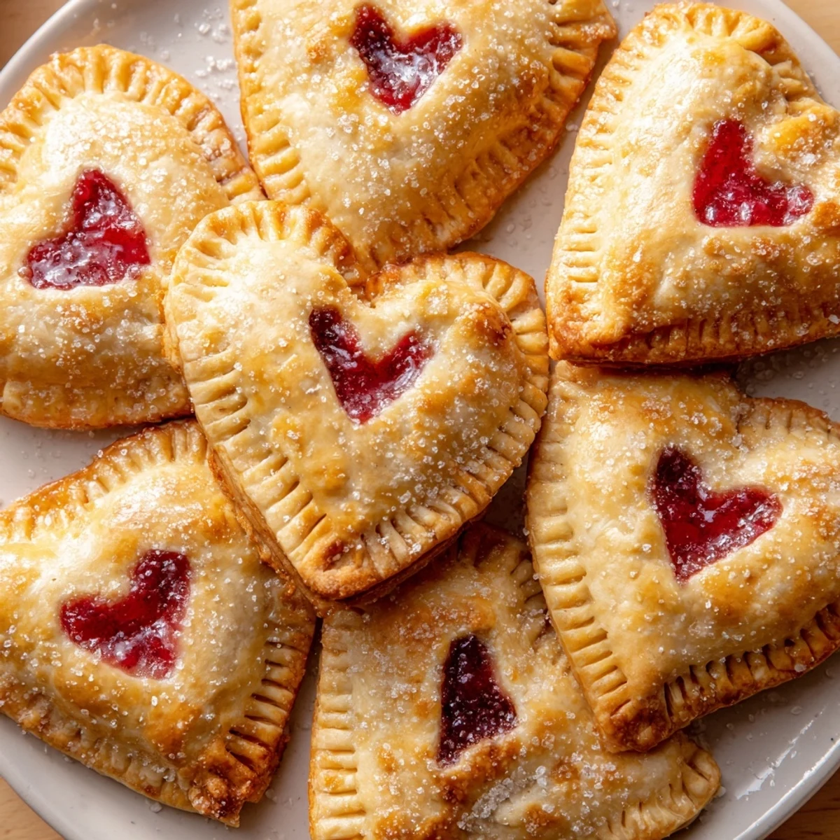Golden heart hand pies with raspberry jam filling, ready to serve warm with a scoop of vanilla ice cream for indulgence.