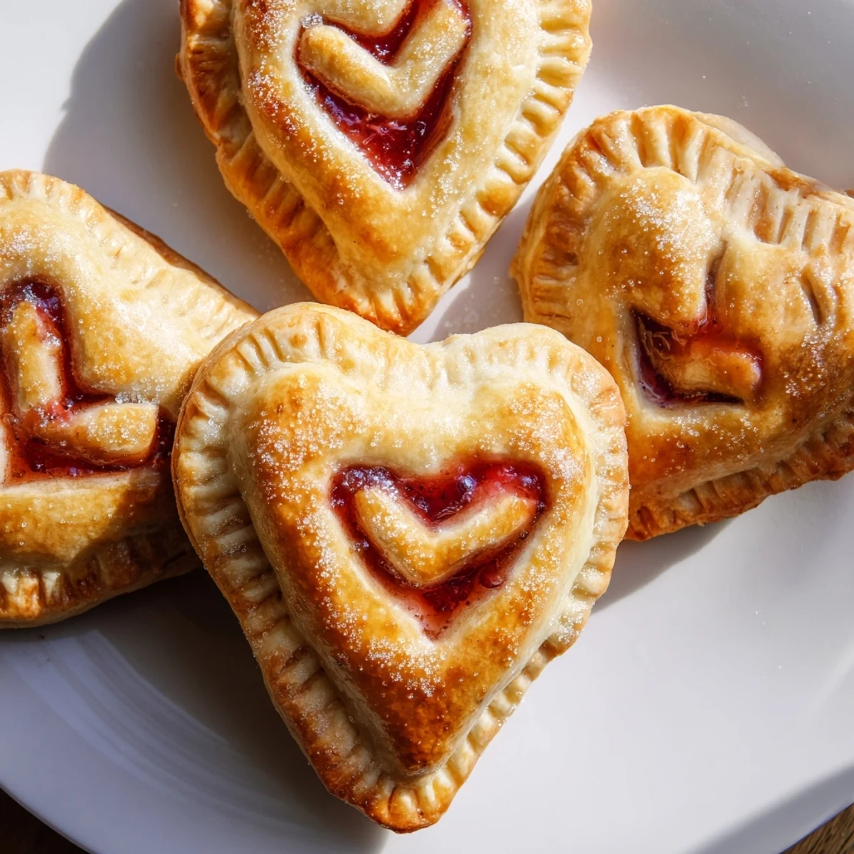 Freshly baked heart hand pies filled with vibrant red raspberry jam, set against a cozy kitchen backdrop for a festive treat.
