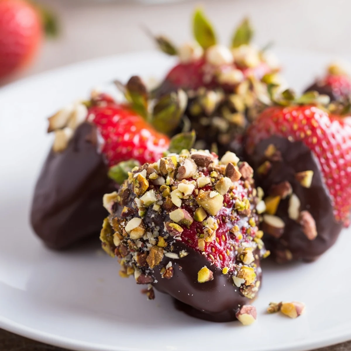 Freshly washed strawberries coated in silky melted chocolate and rolled in crunchy chopped nuts for a sweet, romantic bite.