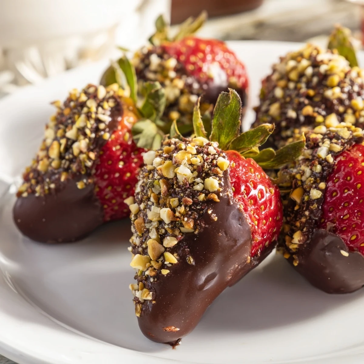 Twelve glossy chocolate dipped strawberries with nuts arranged neatly on parchment for a Valentine’s Day dessert spread.