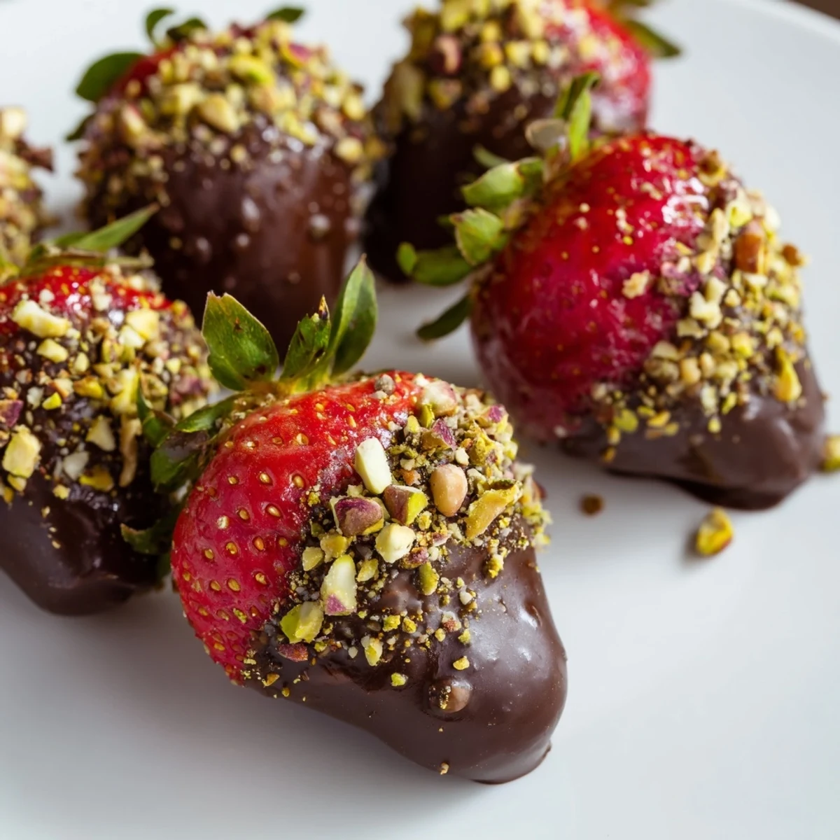 Sweet, juicy strawberries dipped in dark chocolate and sprinkled with chopped nuts, served chilled with sparkling wine for romance.