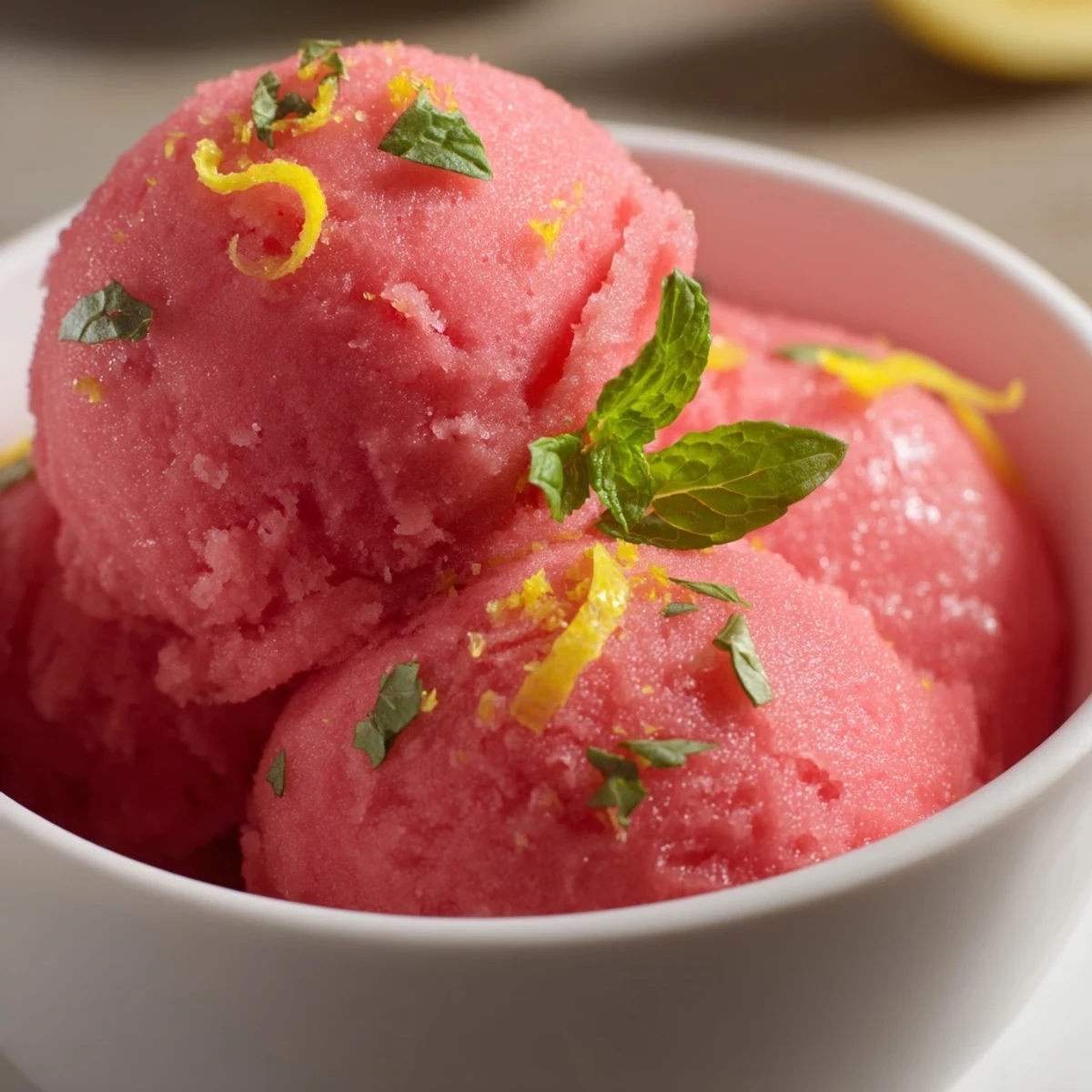 Freshly scooped Pink Lemonade Sorbet with Mint in a chilled bowl, garnished with mint leaves and a lemon slice.