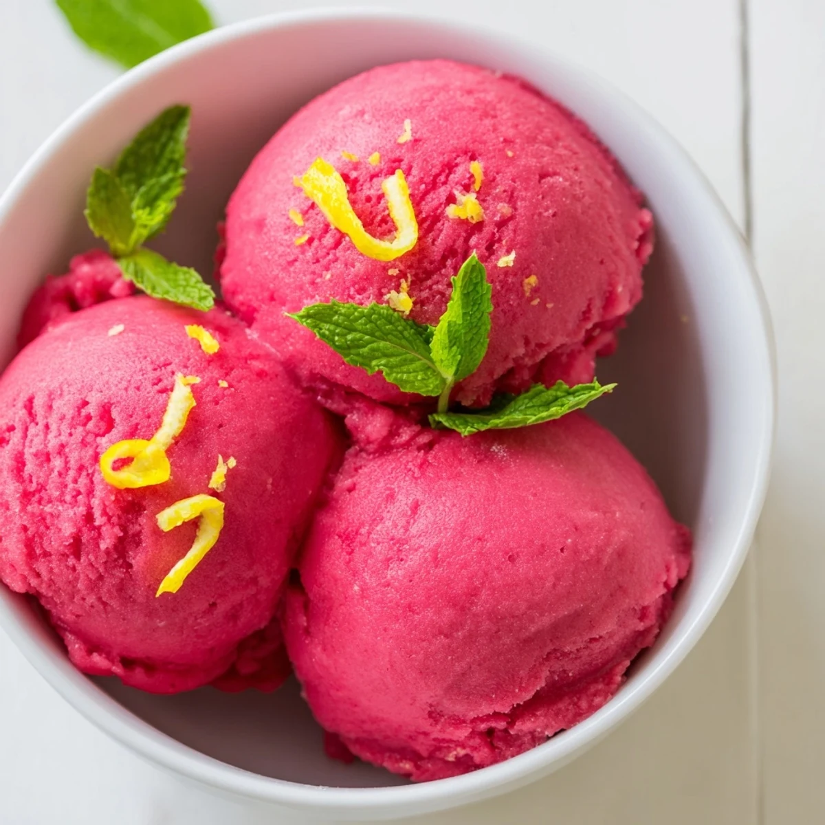 A chilled glass bowl holds fluffy Pink Lemonade Sorbet with Mint, topped with extra fresh mint leaves.