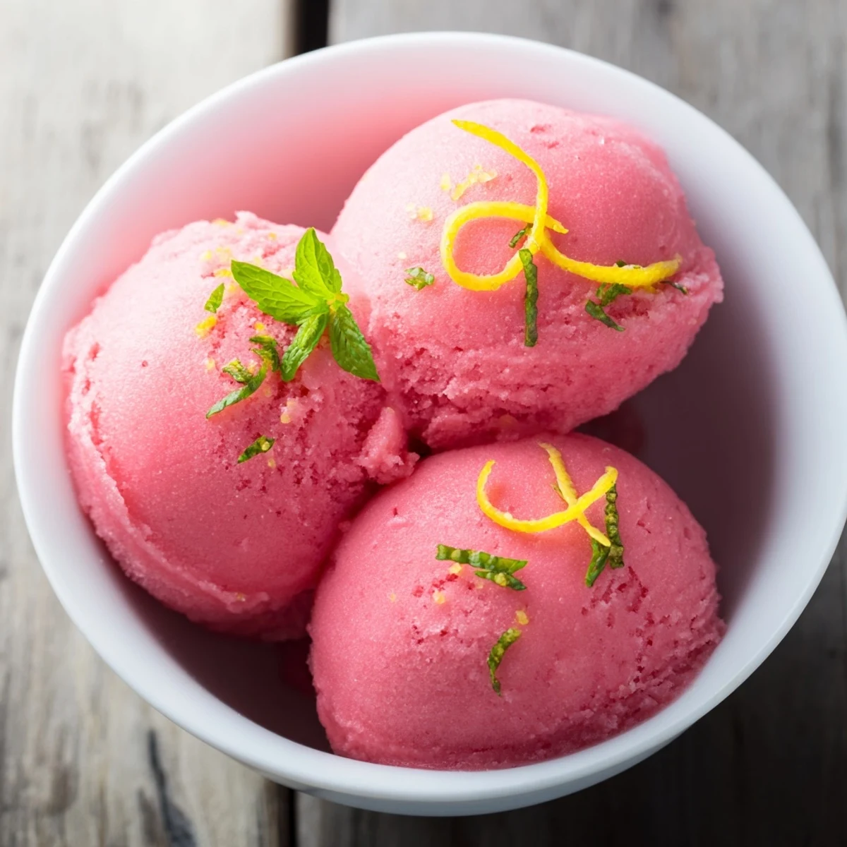 Served in a clear glass, the vibrant Pink Lemonade Sorbet with Mint glistens with refreshing condensation.