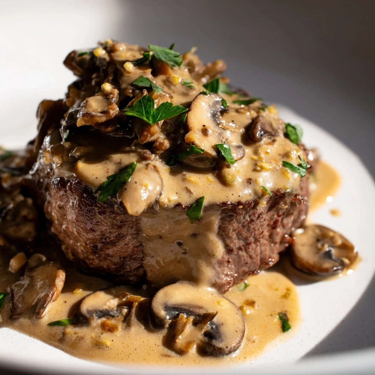 Perfectly seared Steak Diane with golden-brown mushrooms in a rich, creamy brandy sauce, garnished with fresh parsley over mashed potatoes.