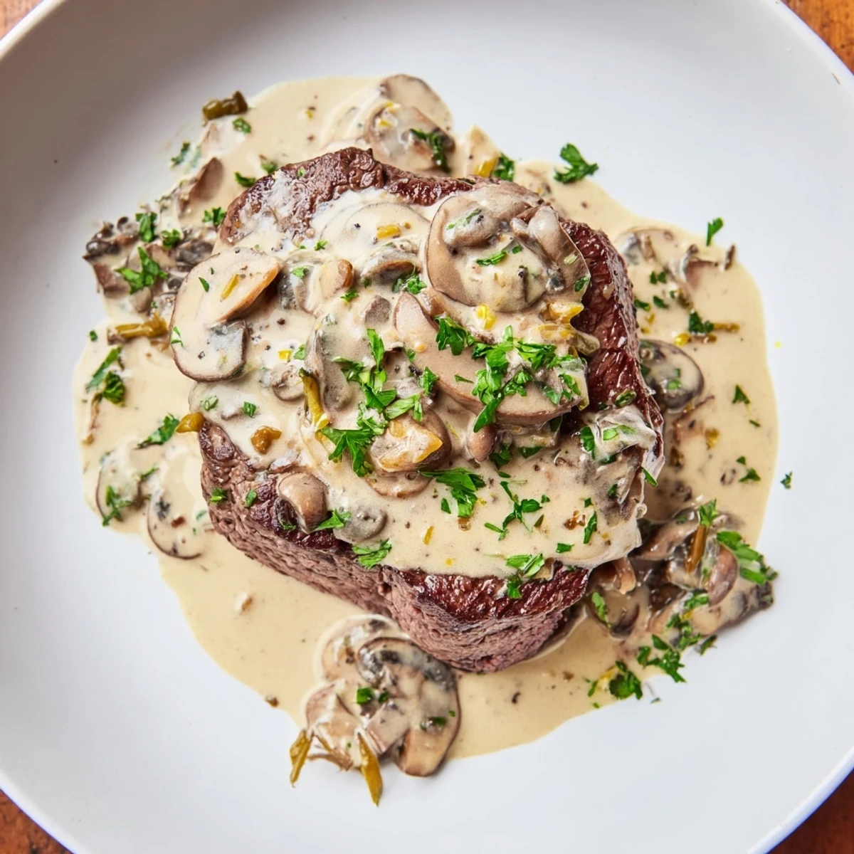 Steak Diane with glistening brandy sauce and savory mushrooms, served with green beans on a white plate for a classic steakhouse experience.