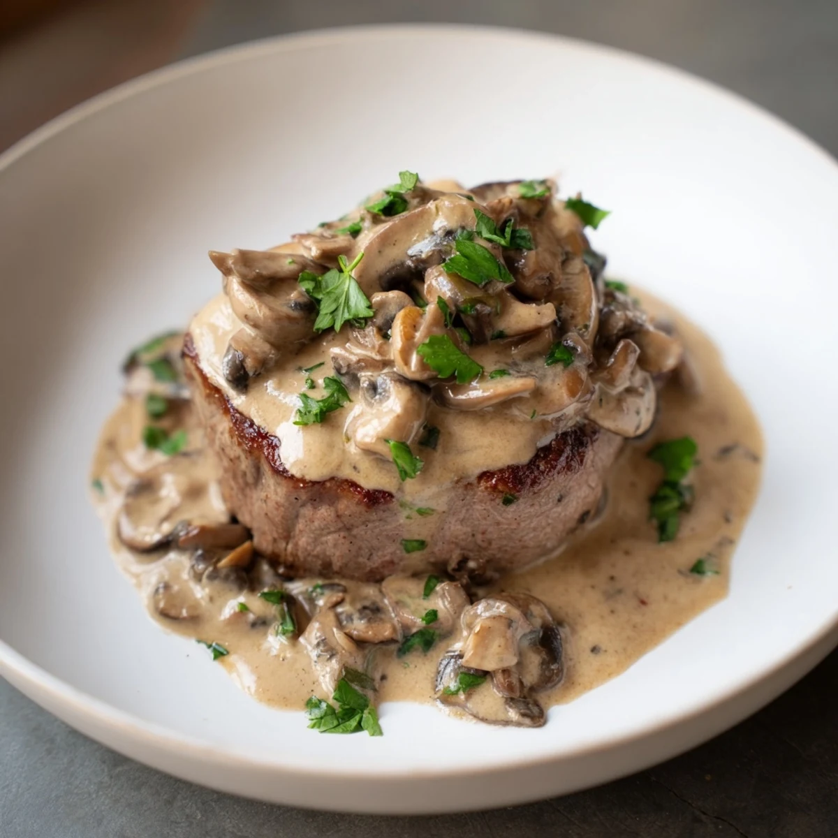 Tender beef tenderloin Steak Diane plated with sautéed mushrooms and a velvety, brandy-infused sauce, perfect for a special occasion dinner.