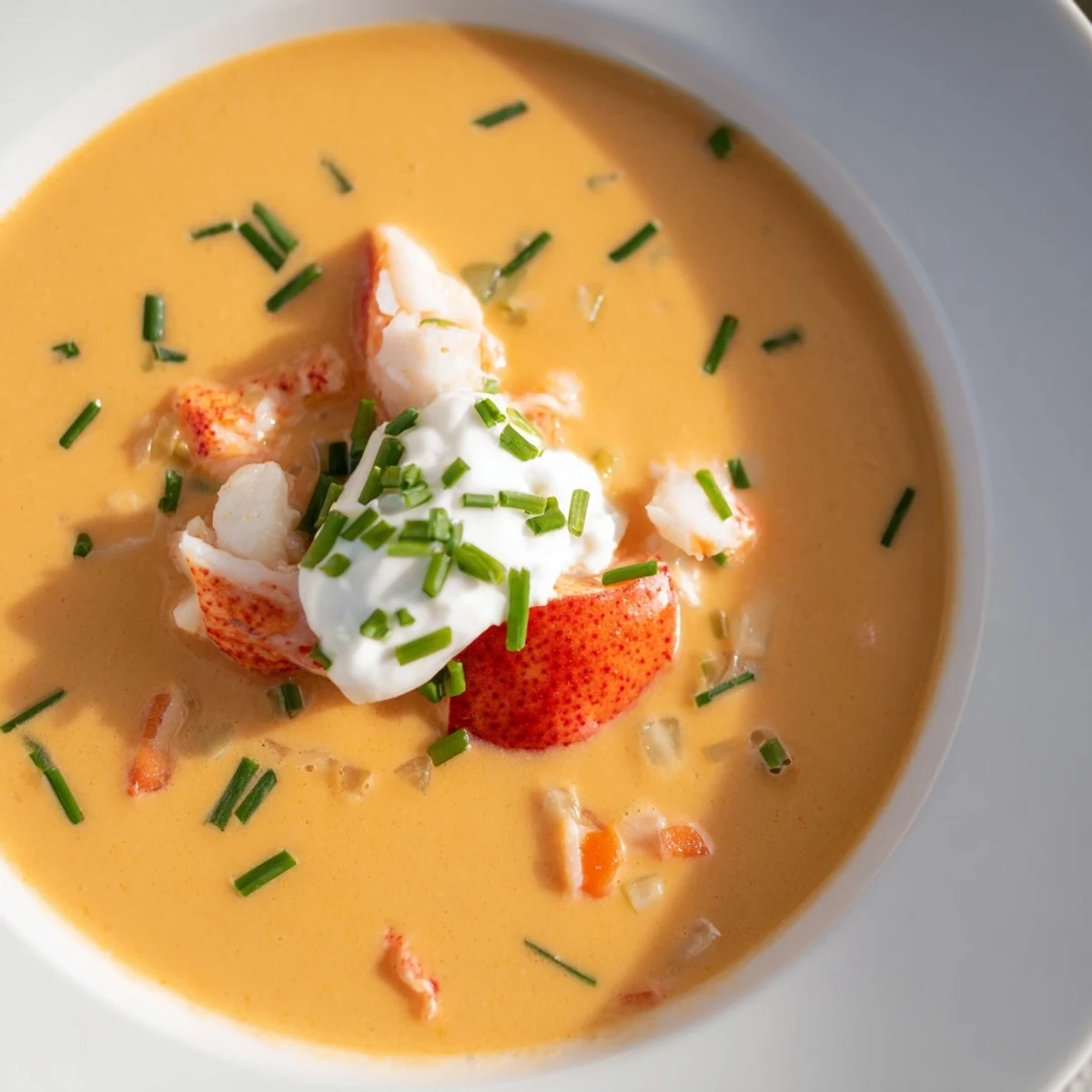 A bowl of Romantic Lobster Bisque with Sherry Vinegar, enriched with heavy cream and fresh herbs.