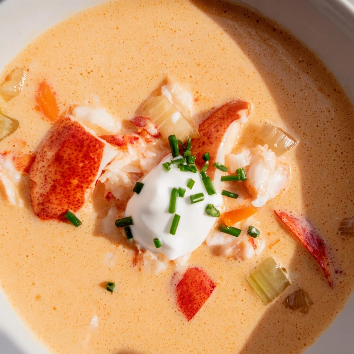 Creamy Romantic Lobster Bisque with Sherry Vinegar garnished with chives, served warm in an elegant bowl.