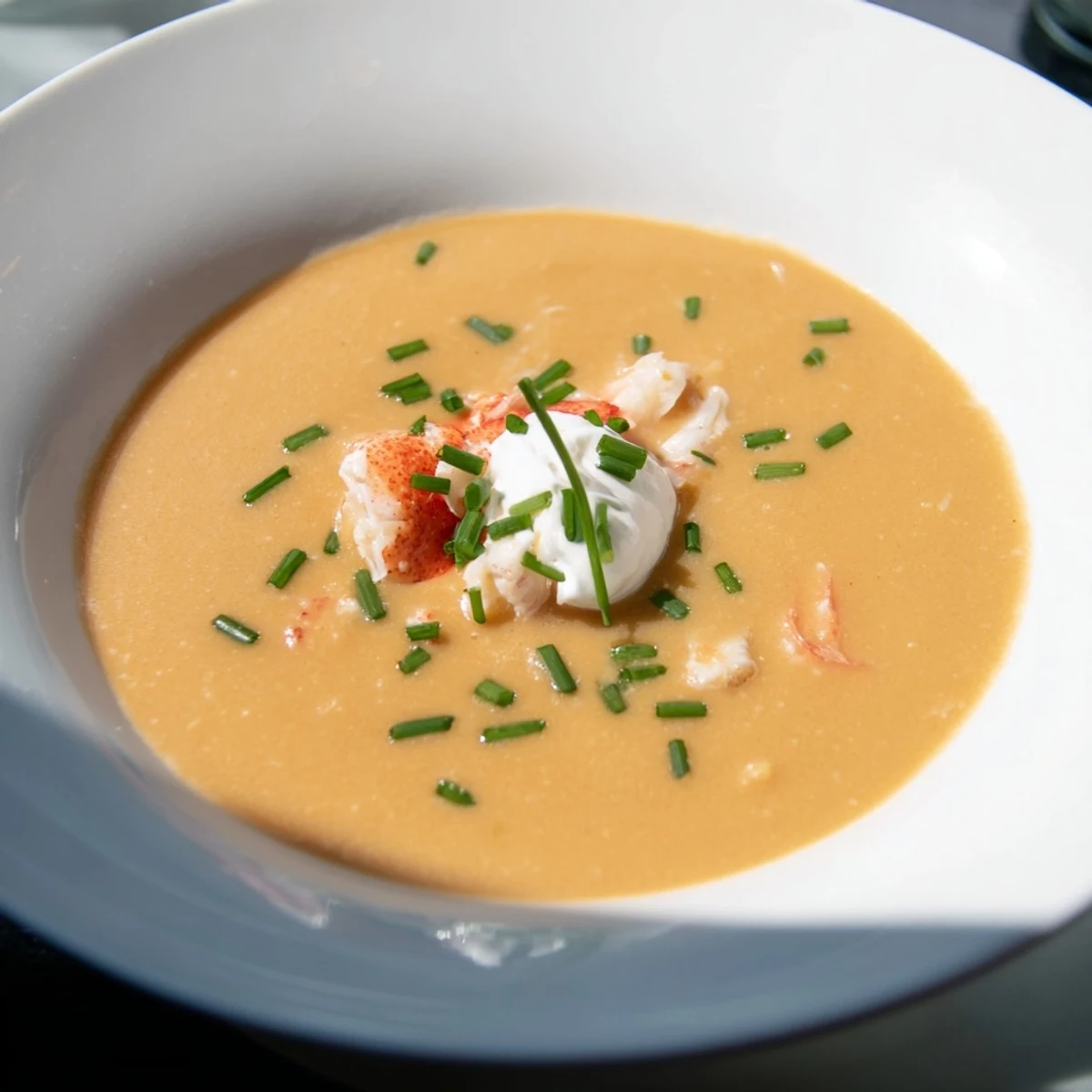 Close-up Romantic Lobster Bisque with Sherry Vinegar over ice, condensation on glass for summer sipping.
