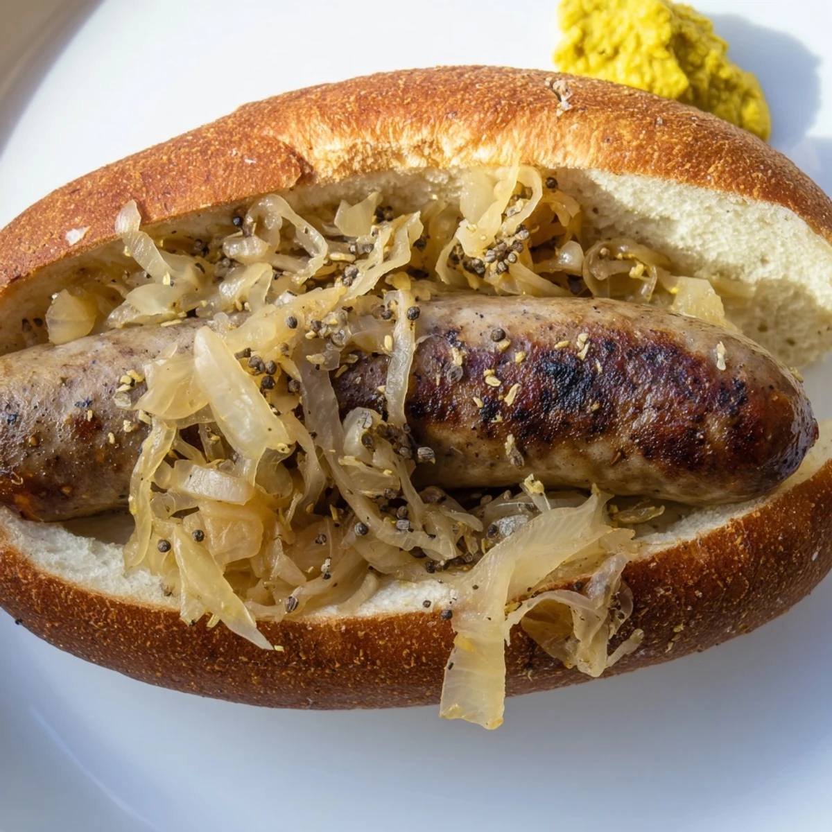 Tailgate Bratwurst with Sauerkraut served on a toasted bun with grilled beef brats and tangy kraut.