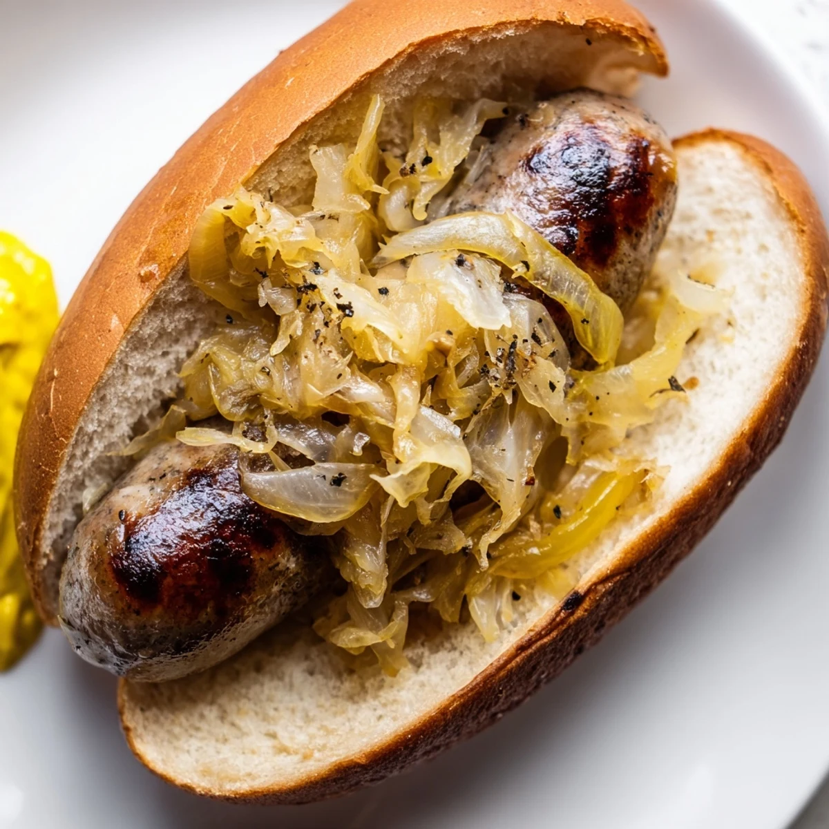 Juicy Tailgate Bratwurst with Sauerkraut is topped with mustard and onions, ready to serve hot from the grill.