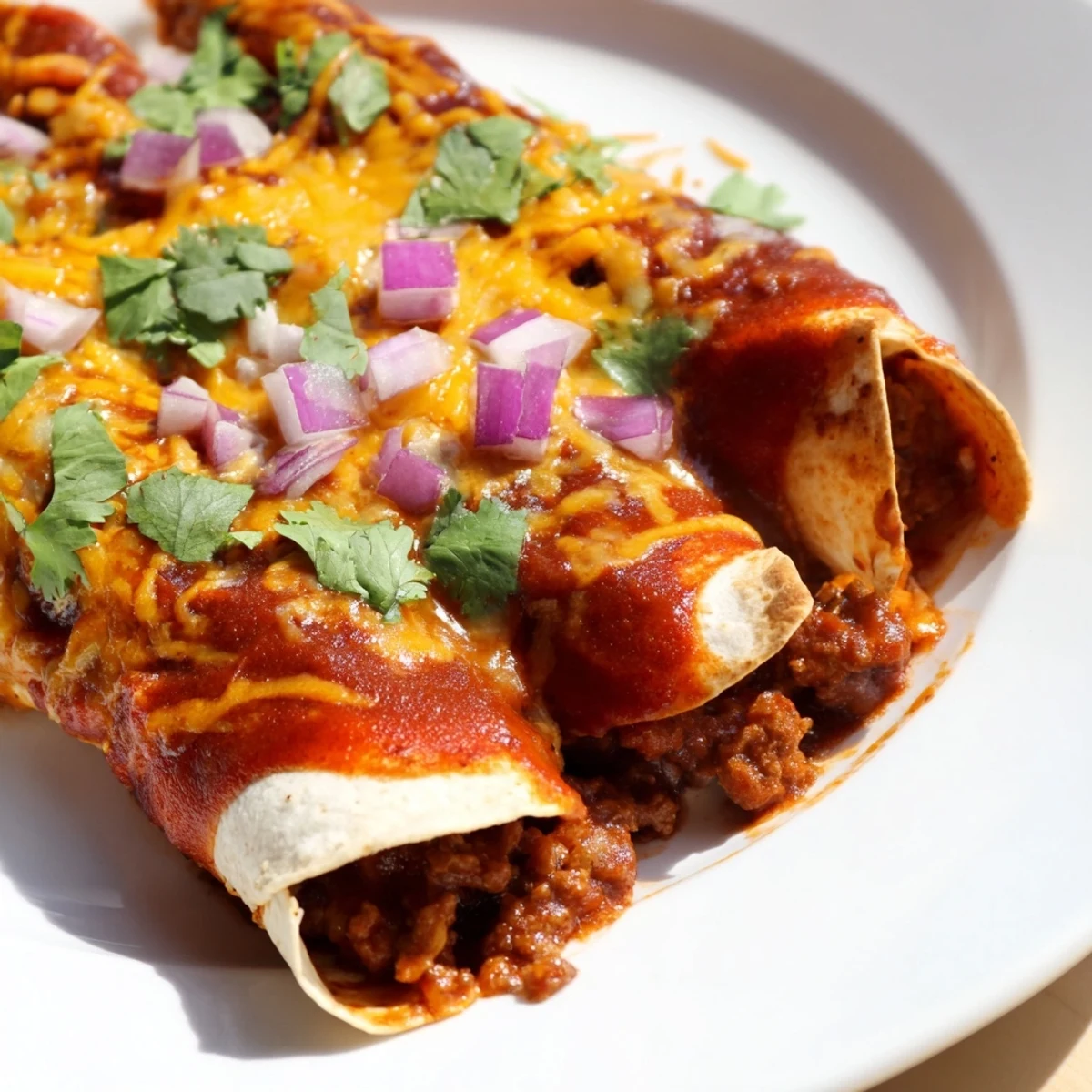Freshly baked Championship Beef Enchiladas with Red Sauce bubbling with melted cheddar and Monterey Jack cheese.