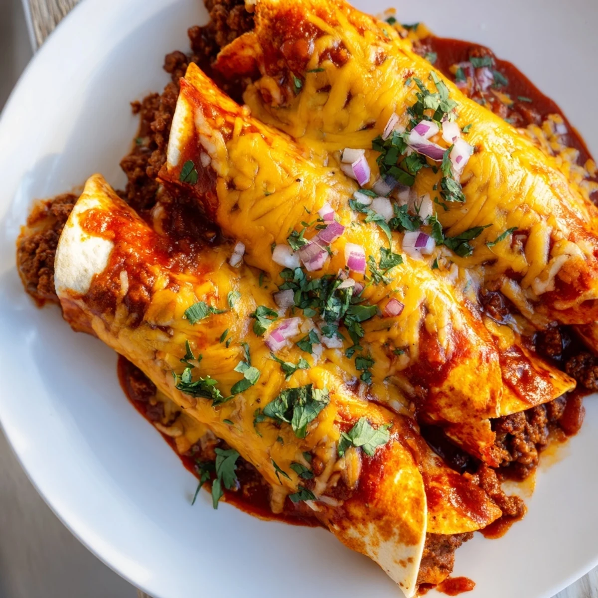 Hearty Championship Beef Enchiladas with Red Sauce served hot in a baking dish with a side salad.
