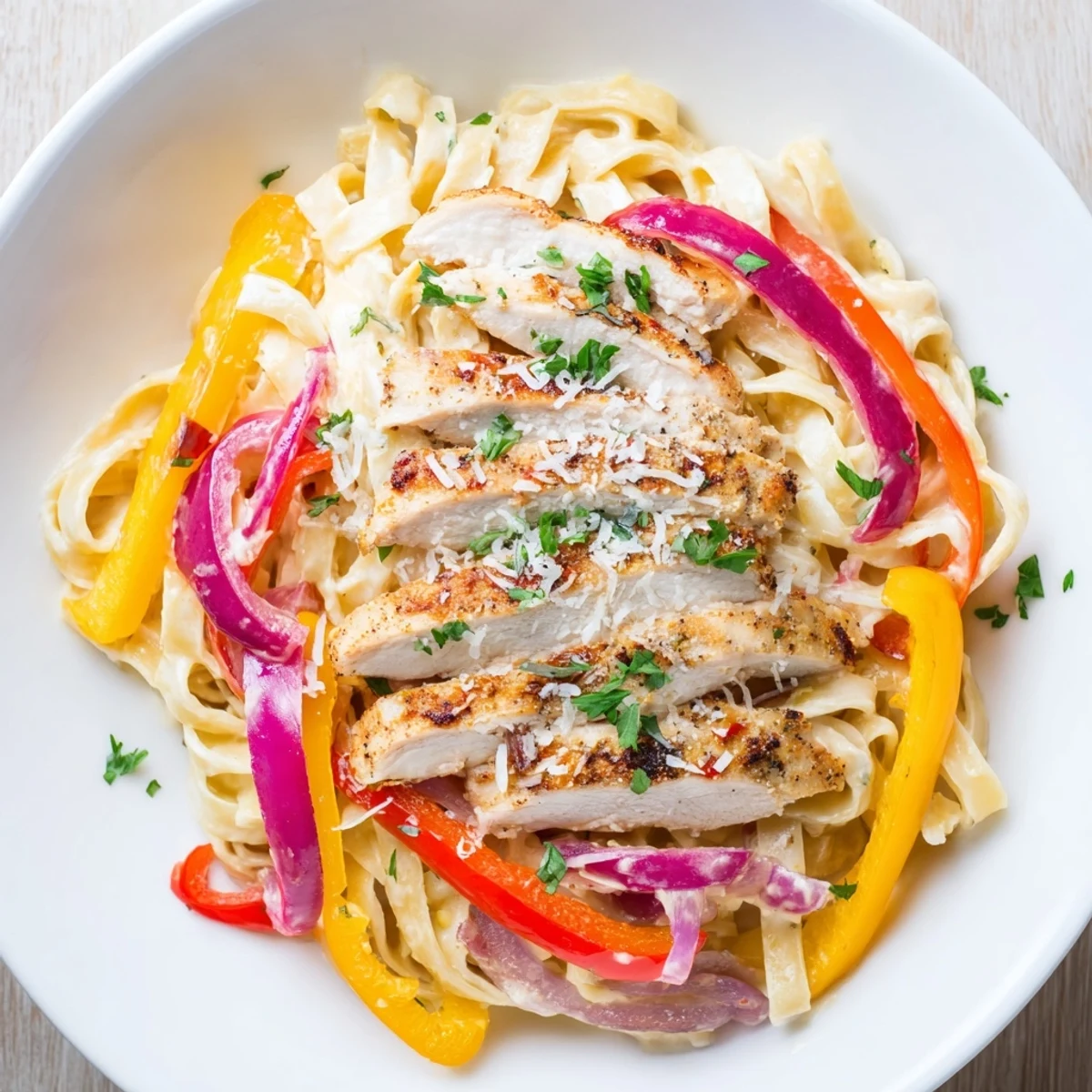 Tender Cajun chicken slices and colorful bell peppers tossed in creamy Alfredo sauce over fettuccine.
