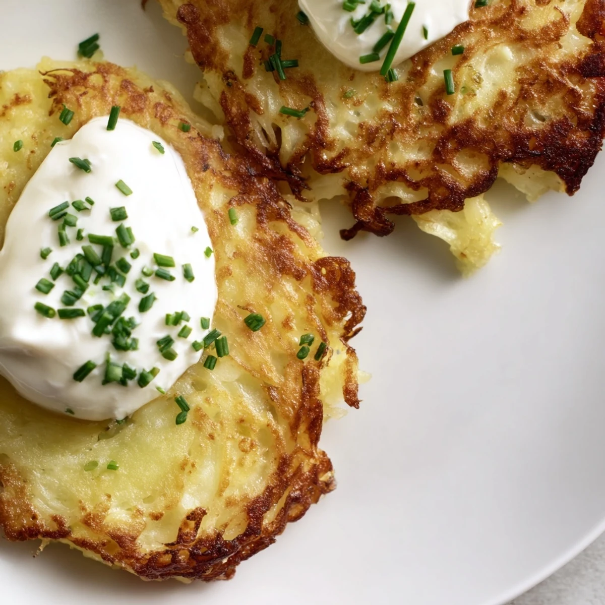 Golden-brown Irish Boxty Potato Pancakes with a dollop of sour cream and fresh chives on a rustic plate.