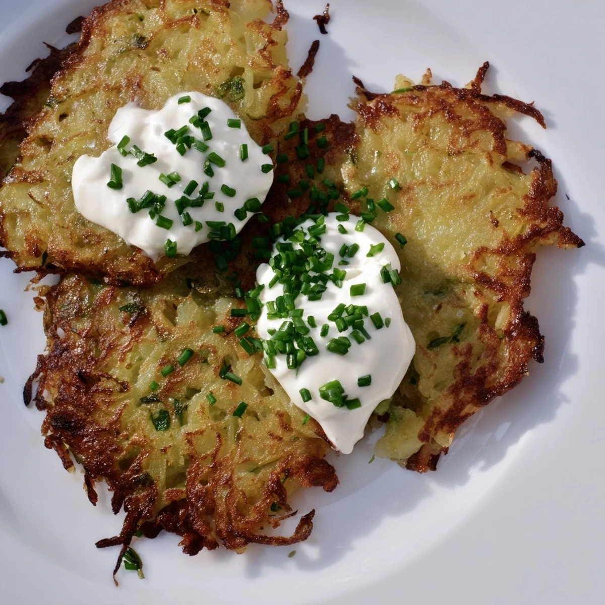 Close-up view of creamy Irish Boxty Potato Pancakes topped with cool sour cream and chopped chives.