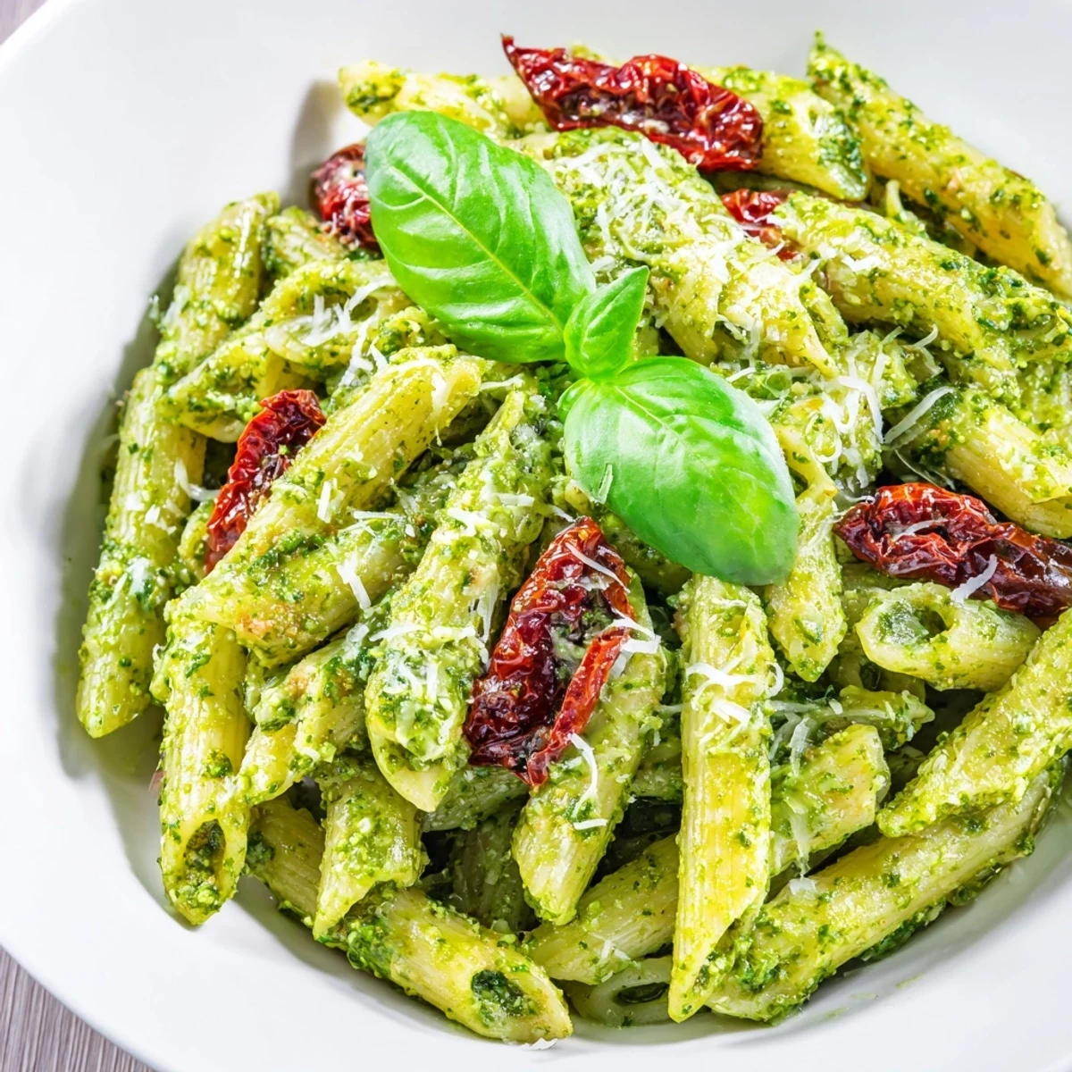 Green Pesto Pasta with Sun-Dried Tomatoes tossed in a vibrant basil sauce, ready to serve.