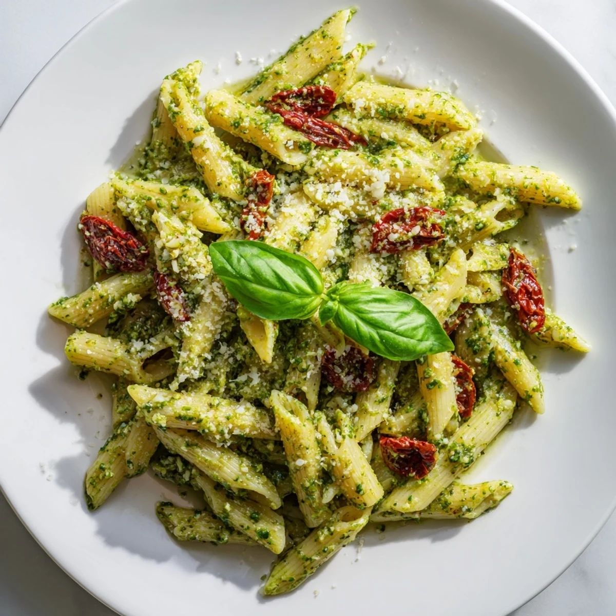 Platter of Green Pesto Pasta with Sun-Dried Tomatoes, garnished with pine nuts and cheese.