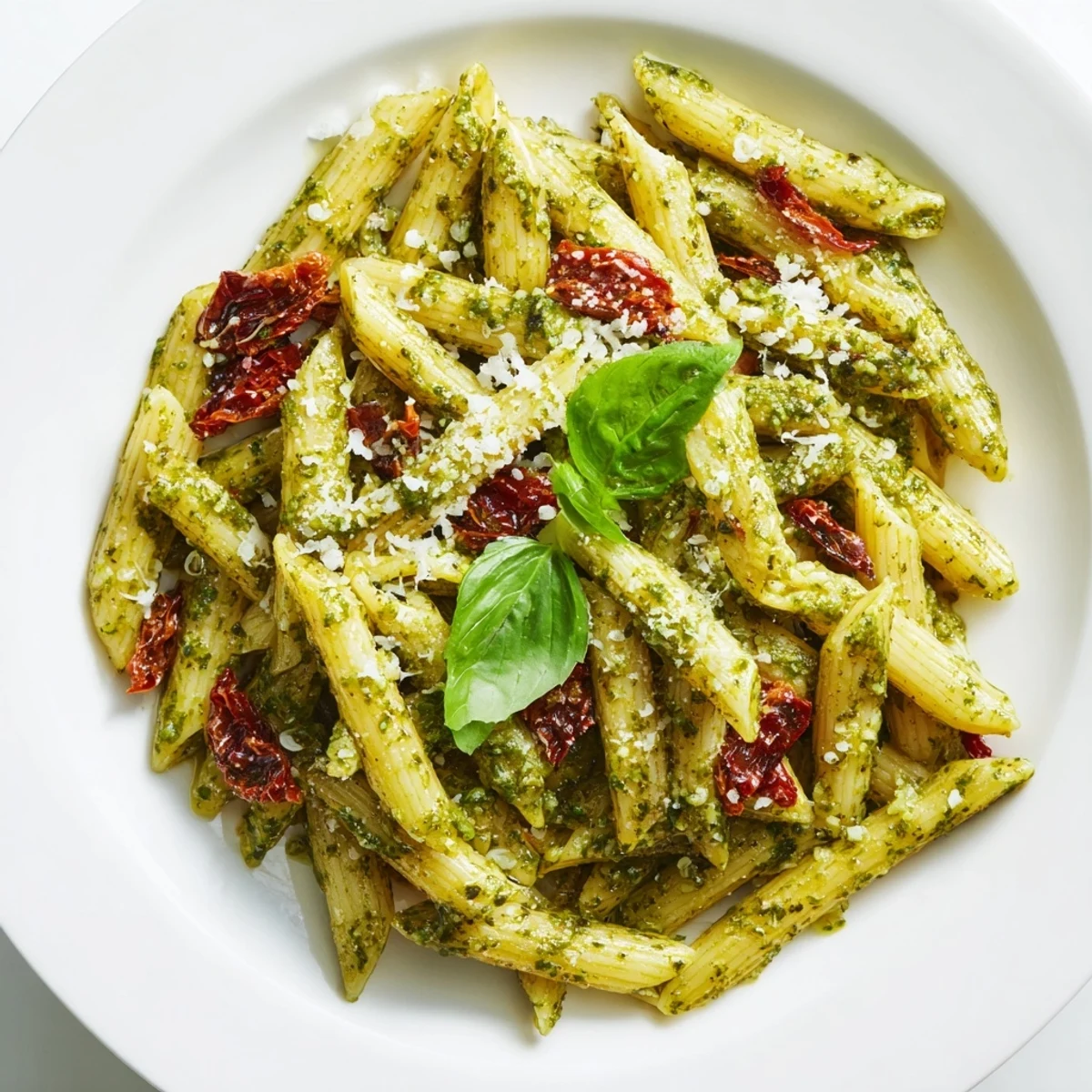 Creamy Green Pesto Pasta with Sun-Dried Tomatoes garnished with fresh basil and Parmesan.