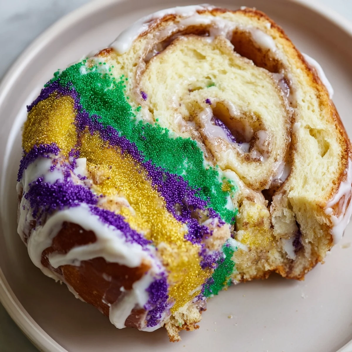 The freshly baked Mardi Gras King Cake displays golden brioche swirls, purple, green, and gold sugars, and a drizzle of white icing.