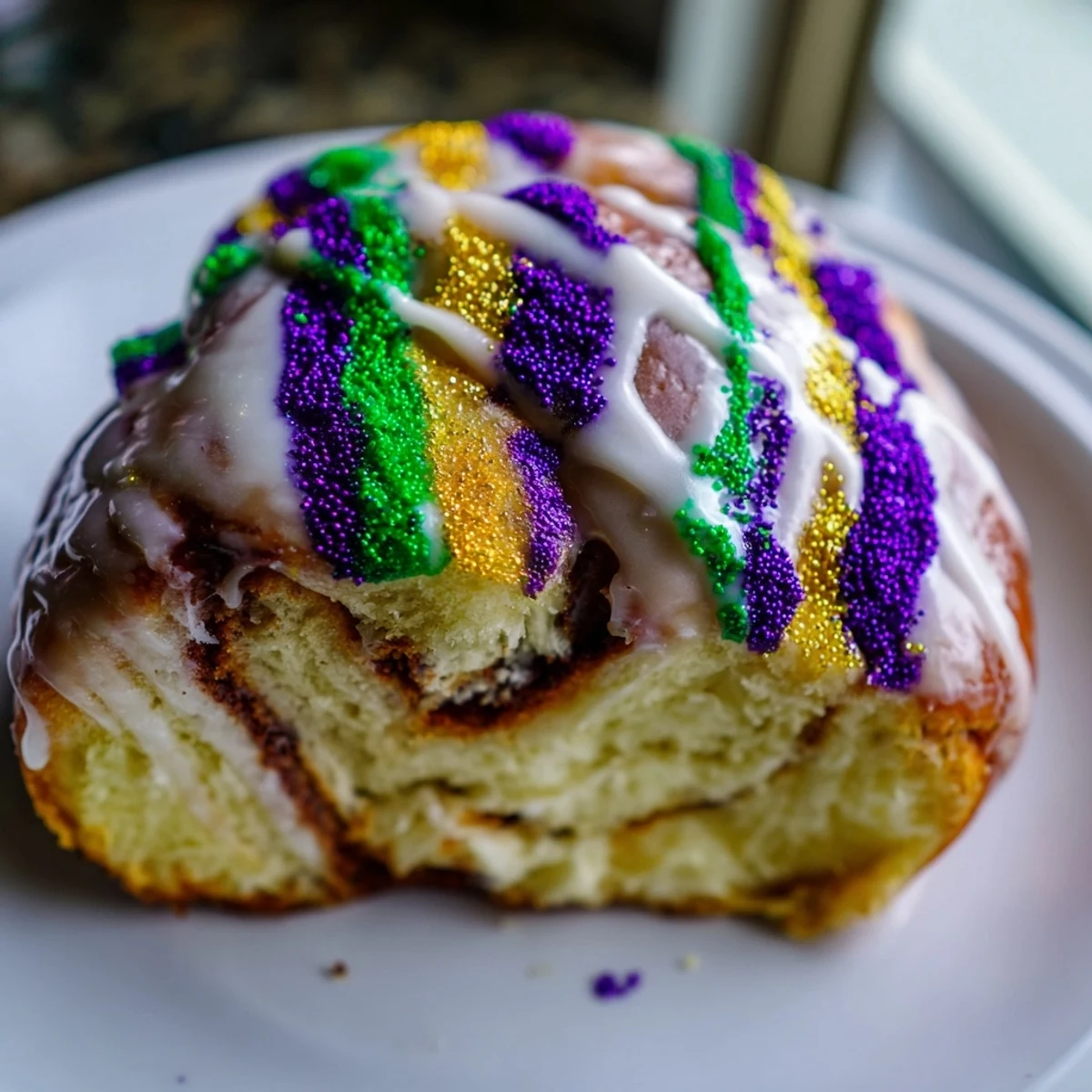 Close-up of a Mardi Gras King Cake highlighting soft dough, colorful sprinkles, and a hidden plastic baby tucked beneath the icing.