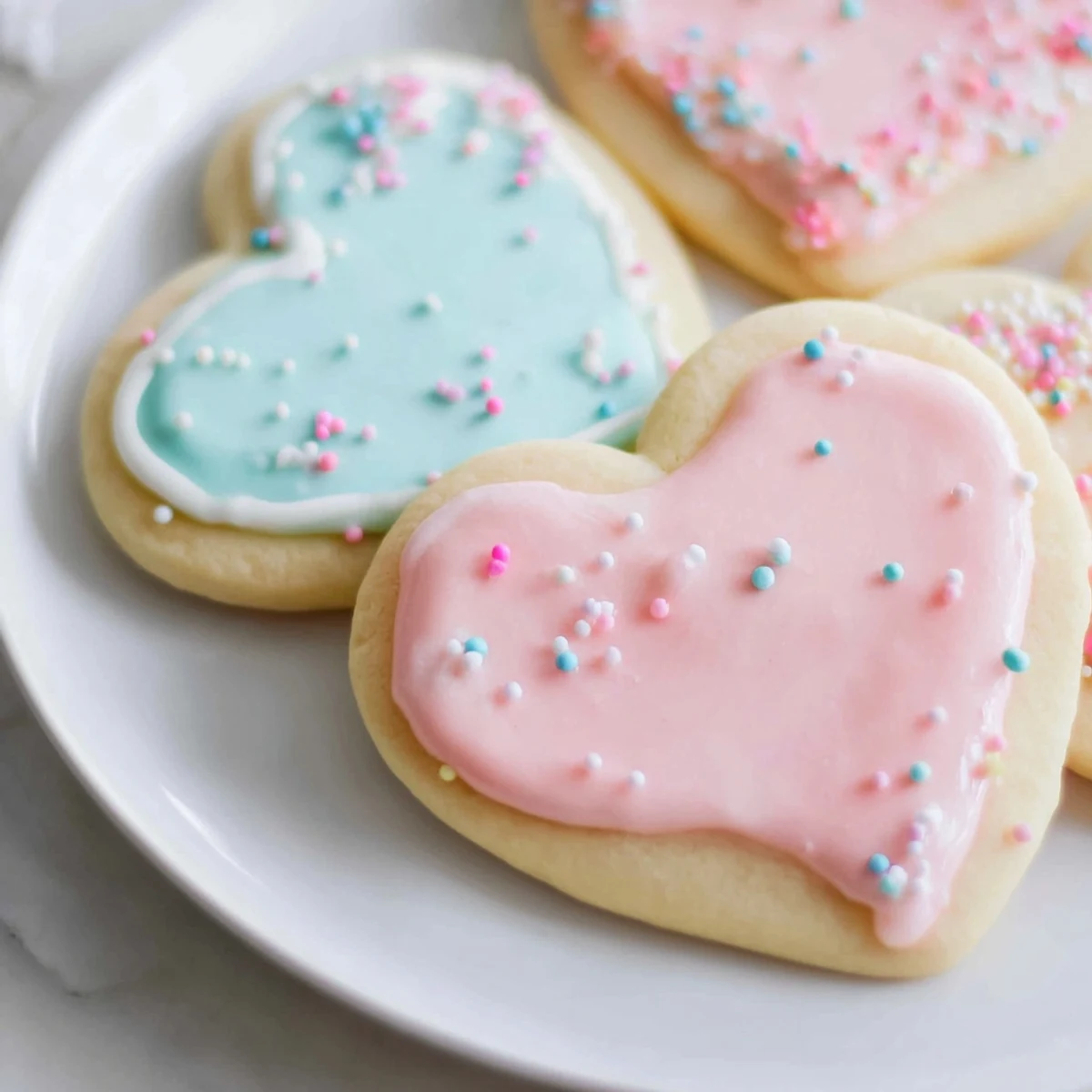 Freshly baked Heart Shaped Sugar Cookies with Icing cool on a wire rack, showcasing vibrant pink and red decorations.