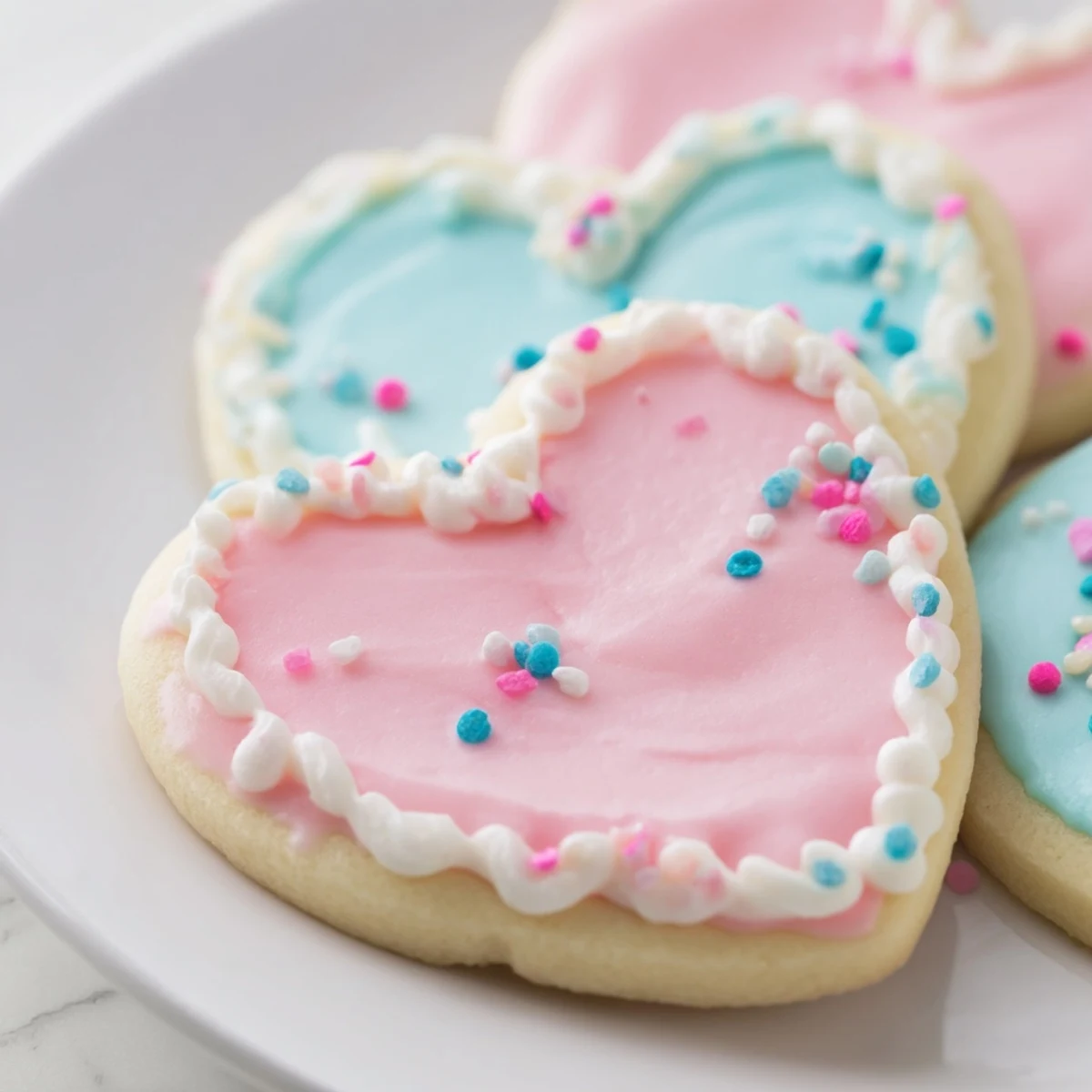 Frosted Heart Shaped Sugar Cookies with Icing are arranged on a plate, ready for serving at a celebration.