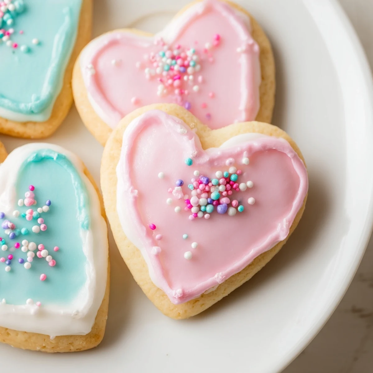 Brightly decorated Heart Shaped Sugar Cookies with Icing rest on parchment paper, featuring colorful swirls and sprinkles.
