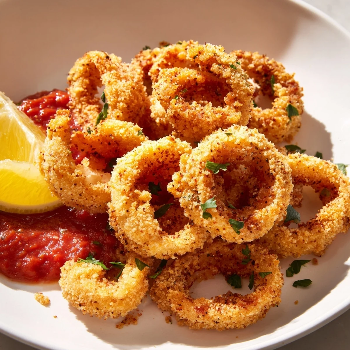 Golden fried calamari rings glistening beside a small bowl of vibrant red marinara sauce on a rustic plate.